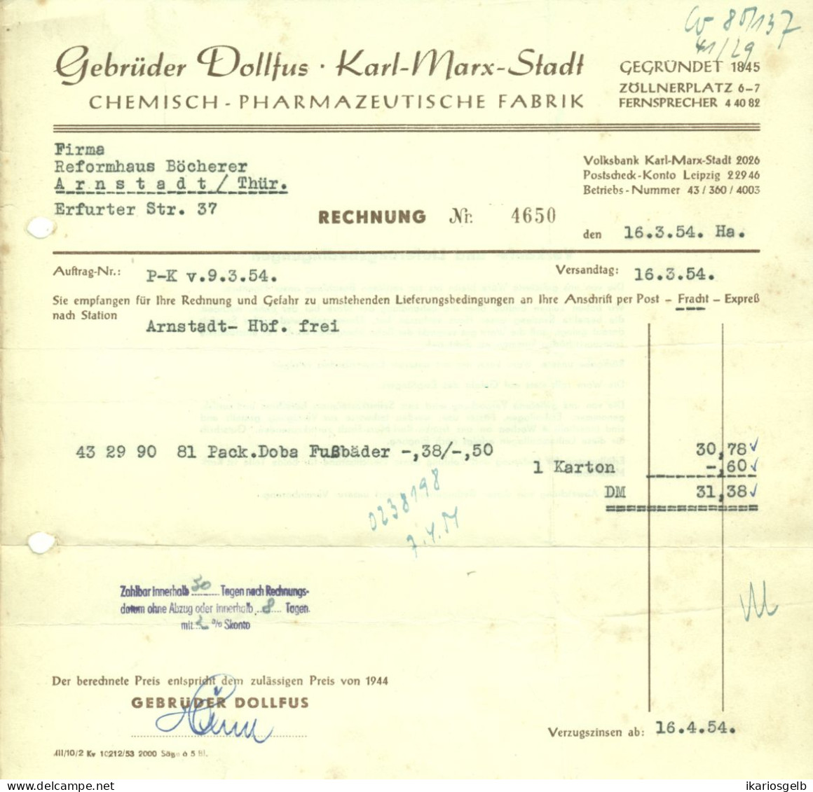 KARL-MARX-Stadt (Chemnitz) DDR 1954 Rechnung " Gebrüder Dollfus Chemisch-Pharmazetische-Fabrik " - Droguerie & Parfumerie