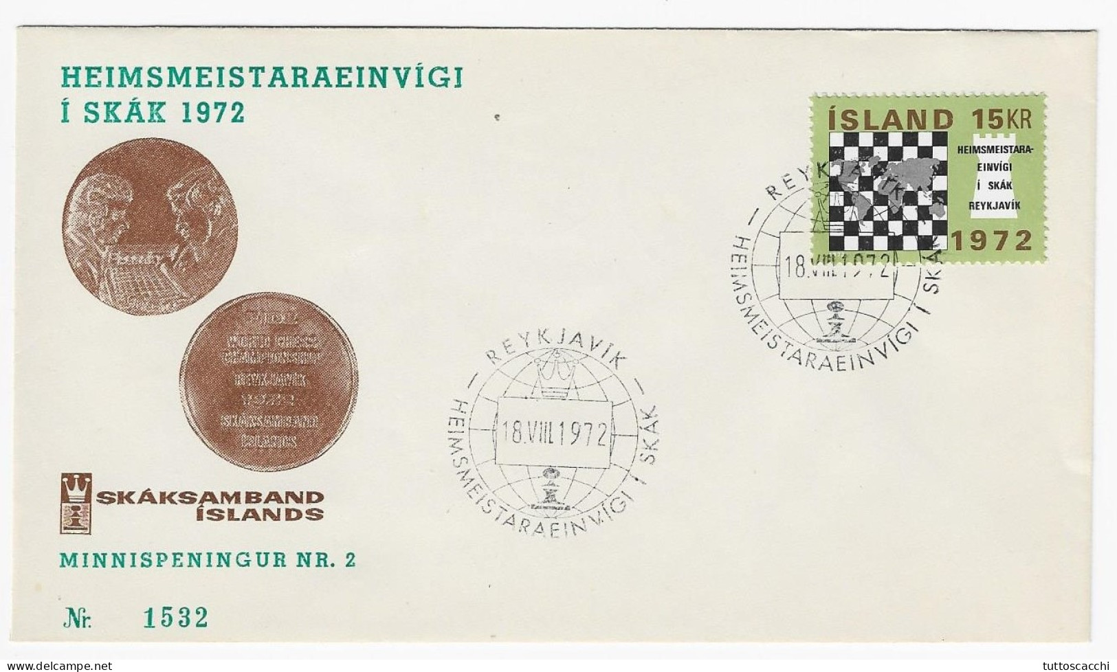 CHESS FDC Iceland 1972 Match Fischer-Spassky -  Souvenir Medal - Schaken