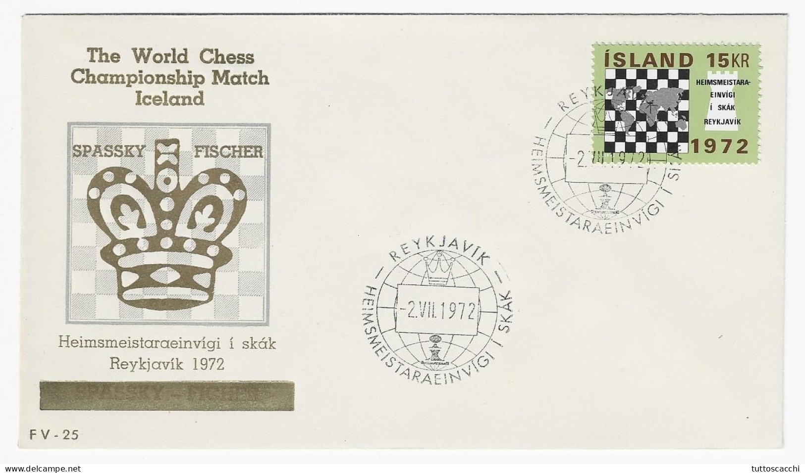 CHESS FDC Iceland 1972 Match Fischer-Spassky - Writing Under The Crown Crossed Out In Gold - Chess