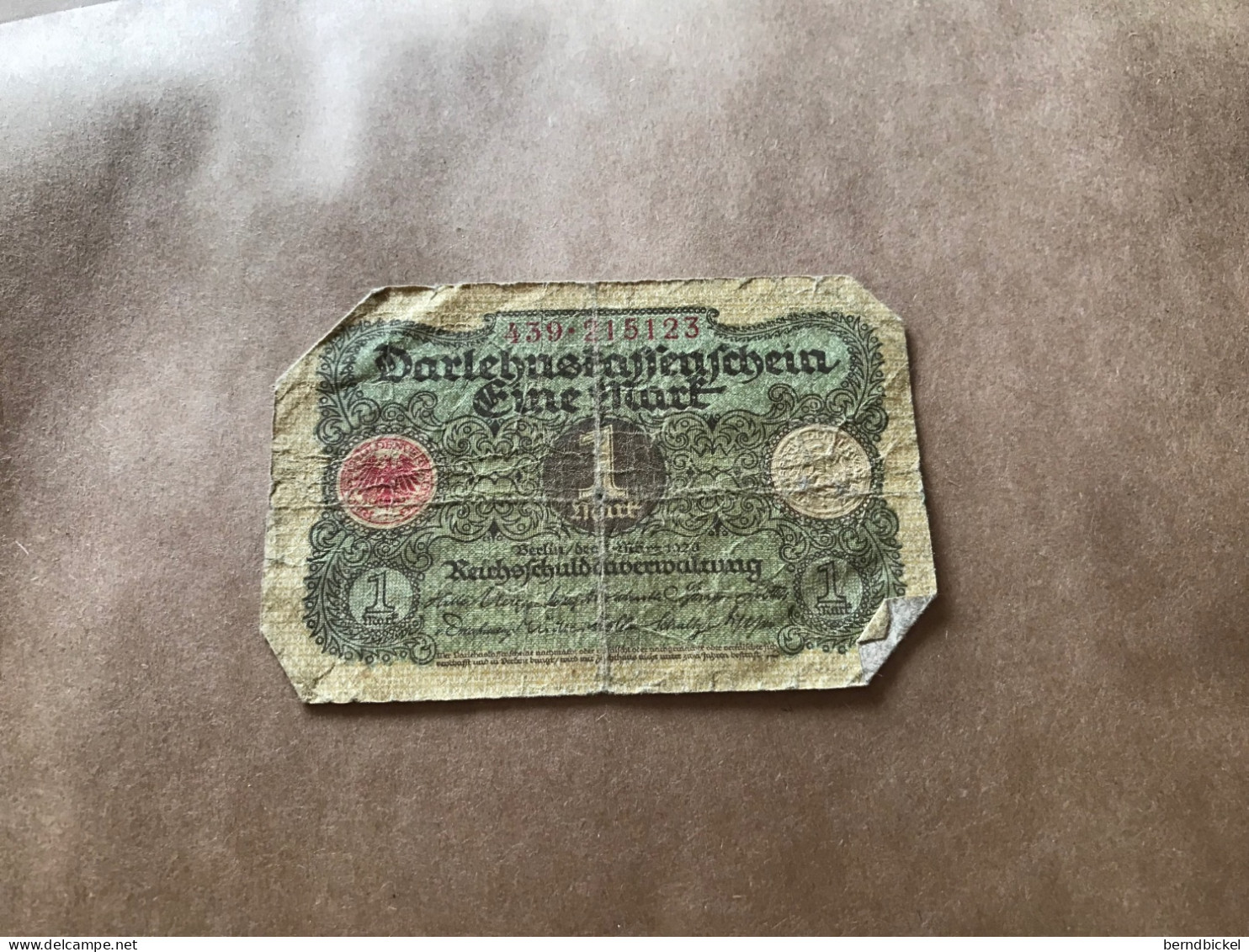 Banknote Geldschein Darlehenskassenschein Deutsches Reich 1 Mark 1920 - Administración De La Deuda