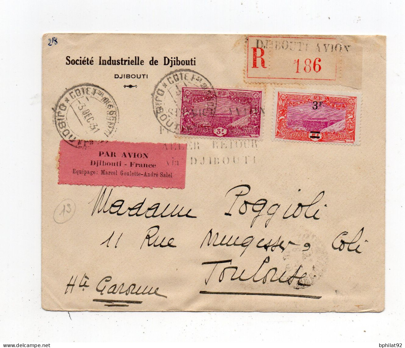 !!! COTE FRANCAISE DES SOMALIS, VOL GOULETTE, LETTRE RECO PAR AVION DE DJIBOUTI POUR TOULOUSE DU 3/12/1931 - Brieven En Documenten