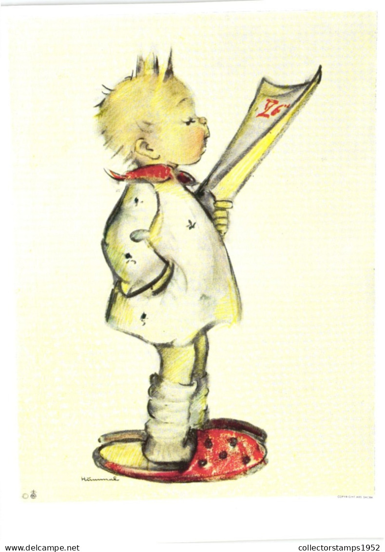 ILLUSTRATION, HUMMEL, NR. 5553, CHILD, BOY, READING NEWSPAPER, SIGNED, POSTCARD - Hummel