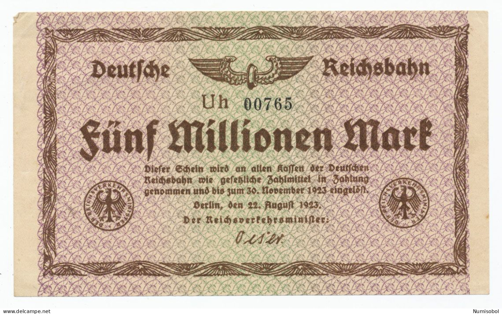 GERMANY - 5 Millionen Mark Reichsbahn 22. 8. 1923. PS1013b. (DR059) - Sonstige & Ohne Zuordnung