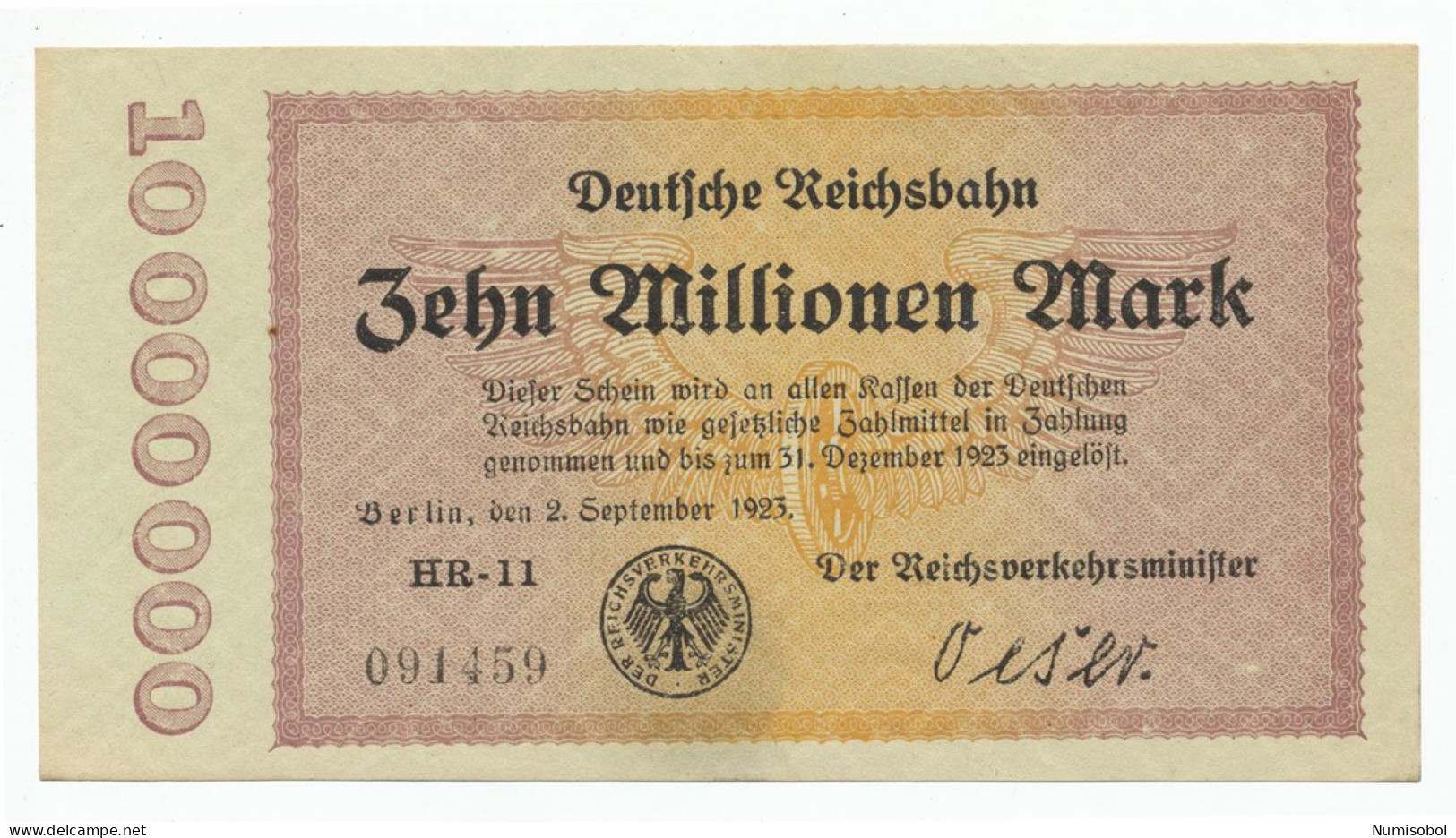 GERMANY - 10 Millionen Mark Reichsbahn 2. 9. 1923. PS1014. (DR057) - Andere & Zonder Classificatie