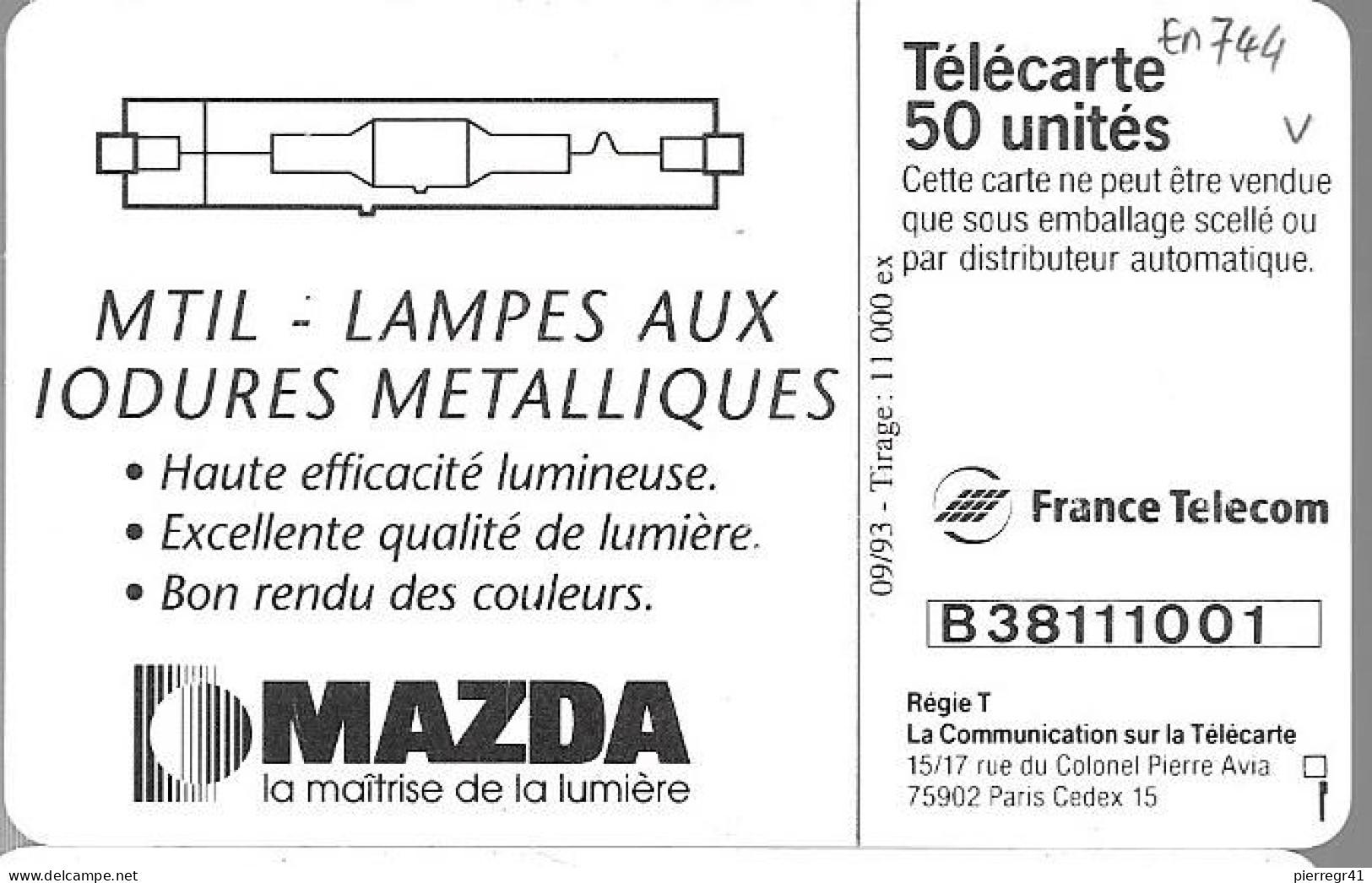 CARTE-PUCE-PRIVEE- 50U-EN-744-09/93-GEMA--MAZDA-2-MTIL-LAMPES IODURES-V° Série 1001-R° Glacé-UTILISE-BE Pt Strie R° - 50 Unità  