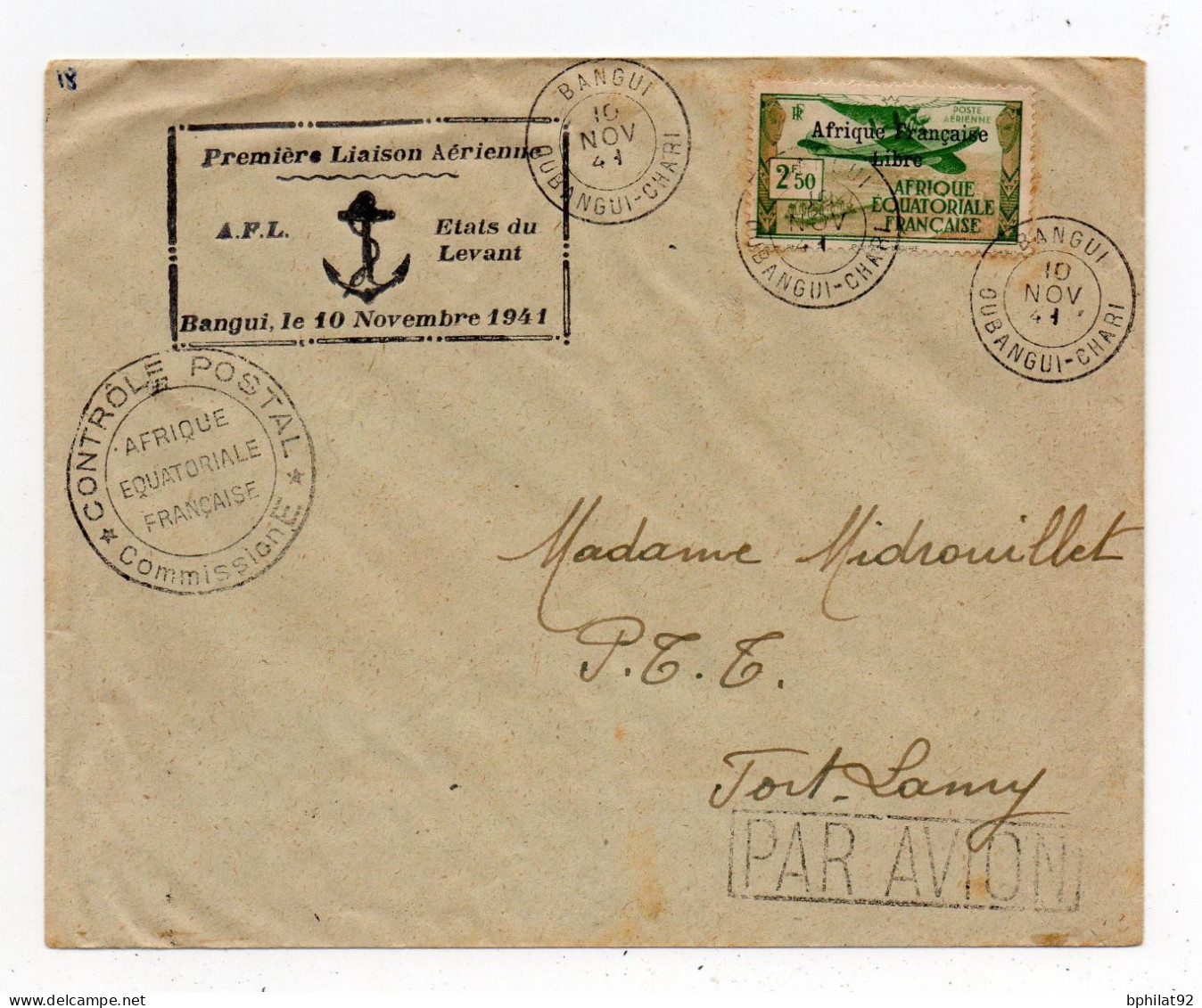 !!! 1ERE LIAISON AERIENNE AFL - ETATS DU LEVANT, LETTRE DE BANGUI DU 10/11/1941 POUR FORT LAMY CACHET DE CENSURE - Cartas & Documentos