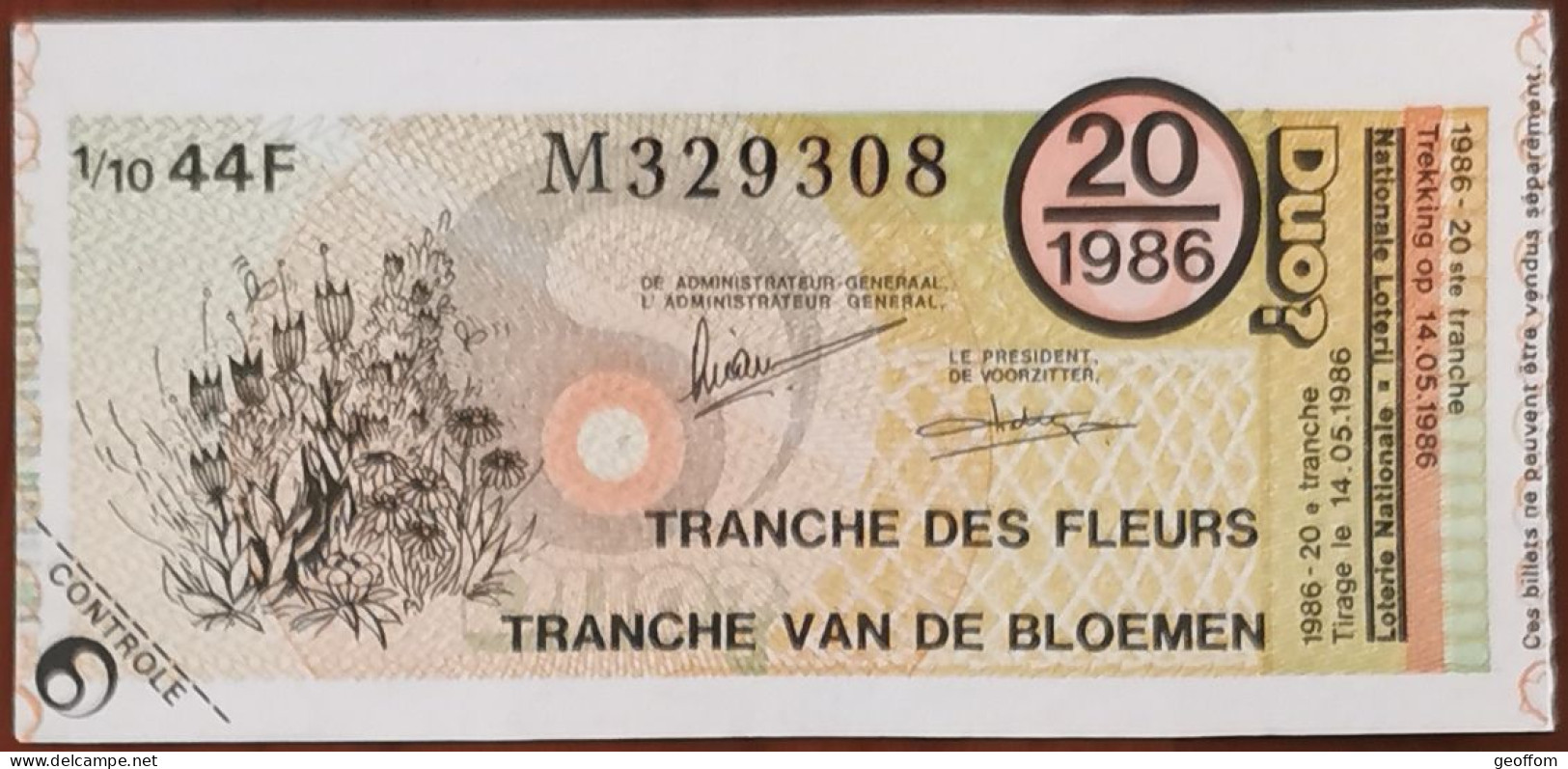 Billet De Loterie Nationale Belgique 1986 20e Tranche Des Fleurs - 14-5-1986 - Biglietti Della Lotteria