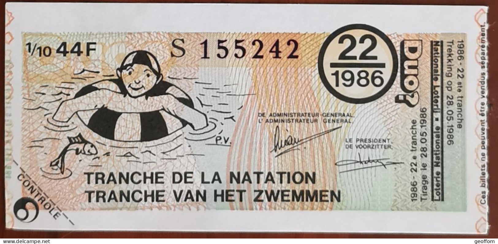 Billet De Loterie Nationale Belgique 1986 22e Tranche De La Natation - 28-5-1986 - Biglietti Della Lotteria