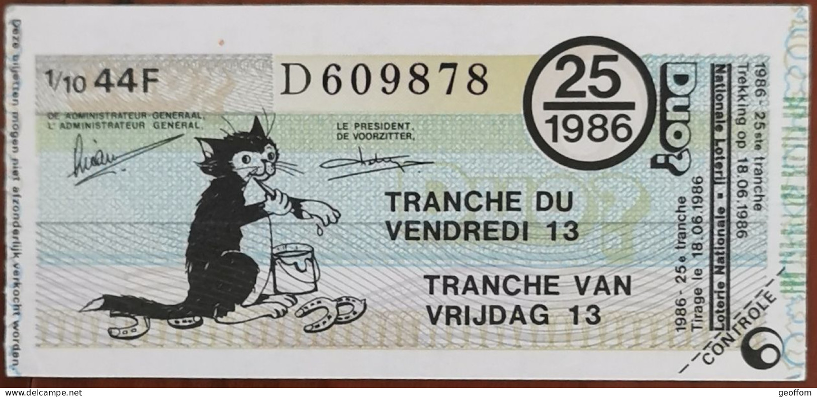 Billet De Loterie Nationale Belgique 1986 25e Tranche Du Vendredi 13 - 18-6-1986 - Billetes De Lotería