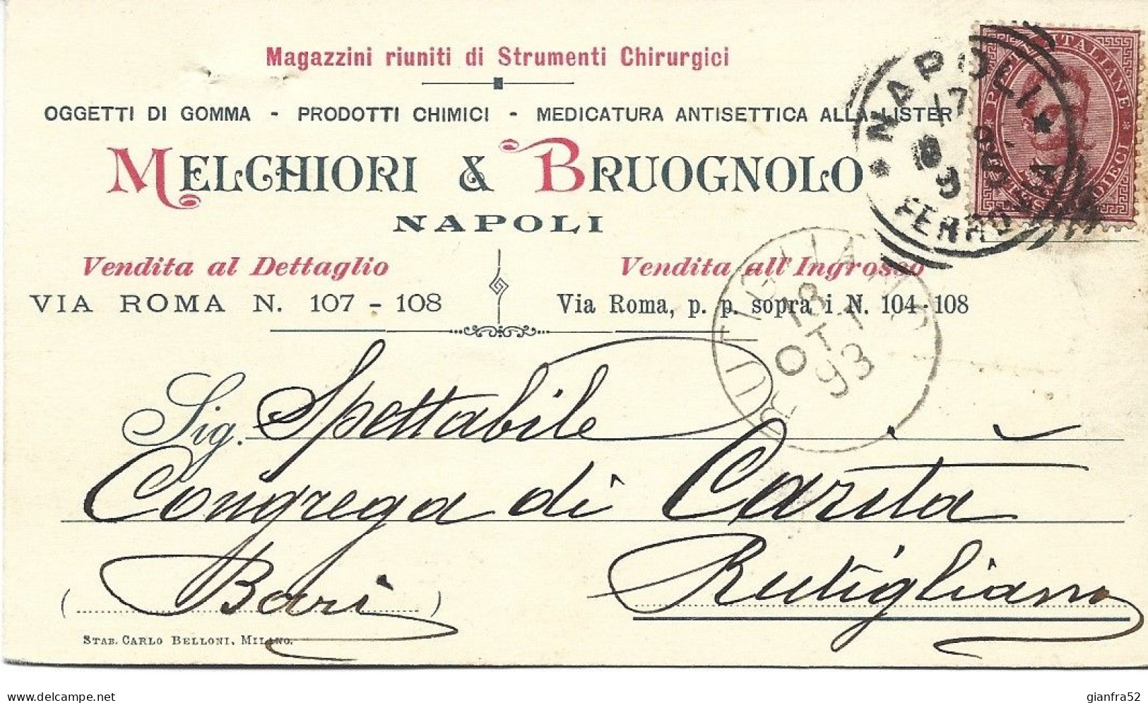 STORIA POSTALE 17/10/1893 CARTOLINA COMMERCIALE MELCHIORI CON CENT. 10 UMBERTO I° N. 38 - Publicity