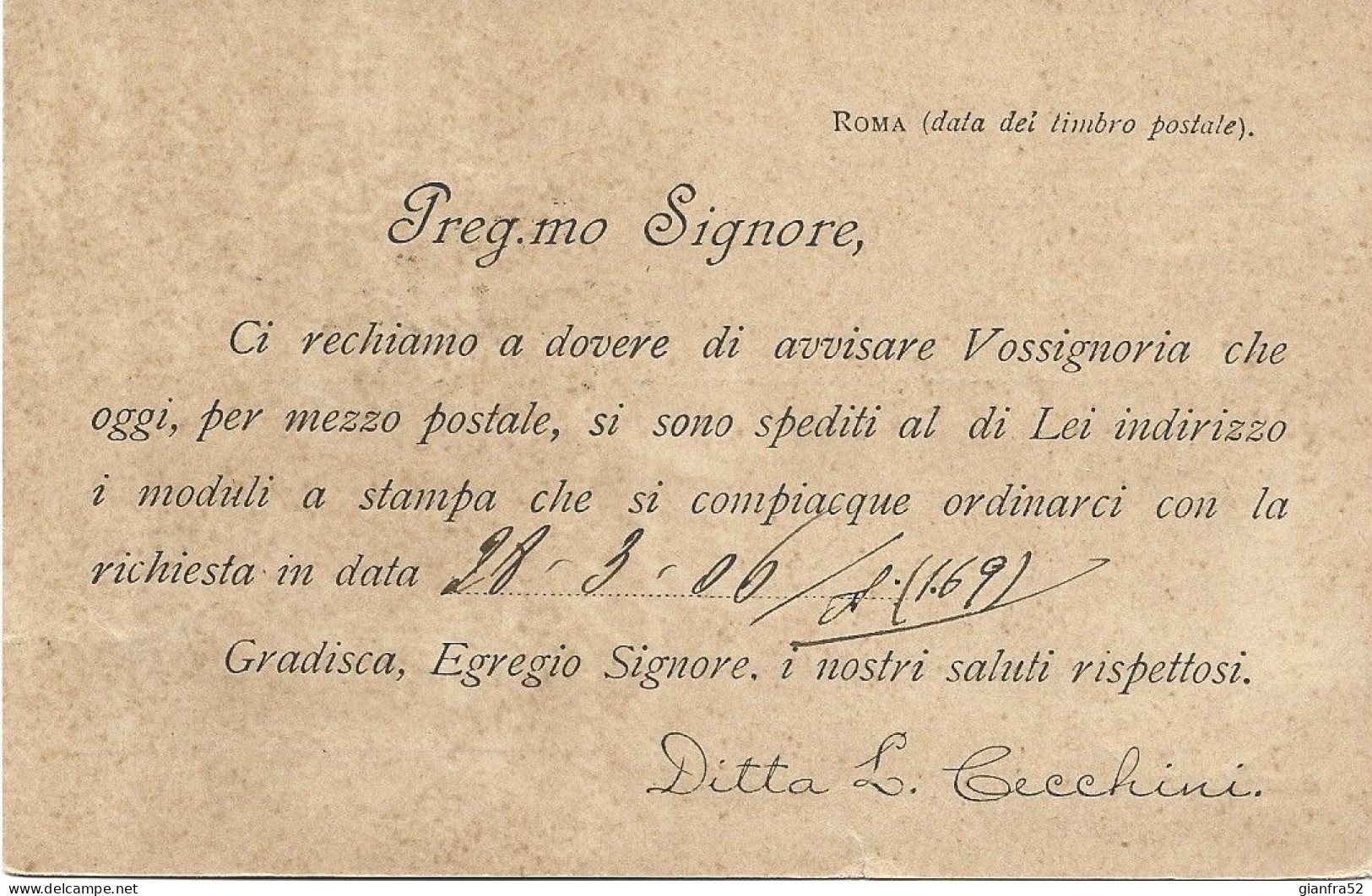 STORIA POSTALE 6/4/1906 CARTOLINA COMMERCIALE CECCHINI SPEDITA A STAMPE CON CENT. 2 AQUILA SABAUDA N. 69 - Publicité