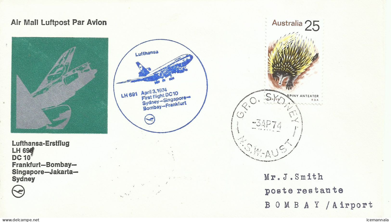 AUSTRALIA, SOBRE DIRIGIDO A BOMBAY,  AÑO  1974 - Storia Postale