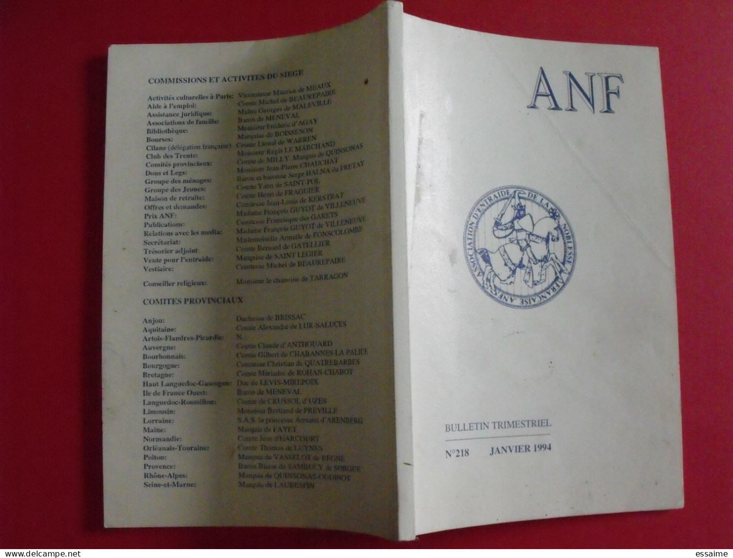 Bulletin De L'association D'entraide De La Noblesse Française N° 218 Janvier 1994. ANF - Soziologie