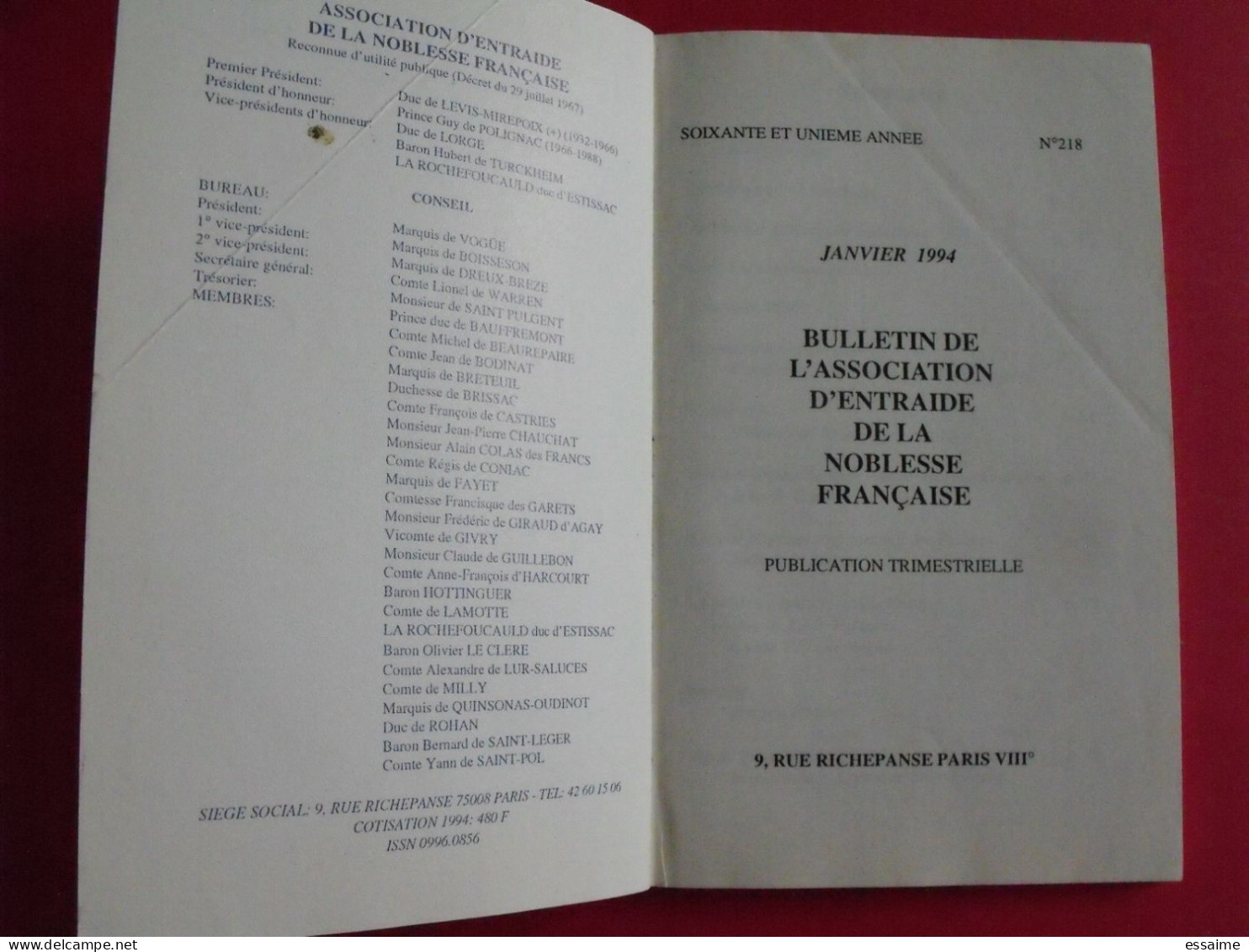 Bulletin De L'association D'entraide De La Noblesse Française N° 218 Janvier 1994. ANF - Soziologie