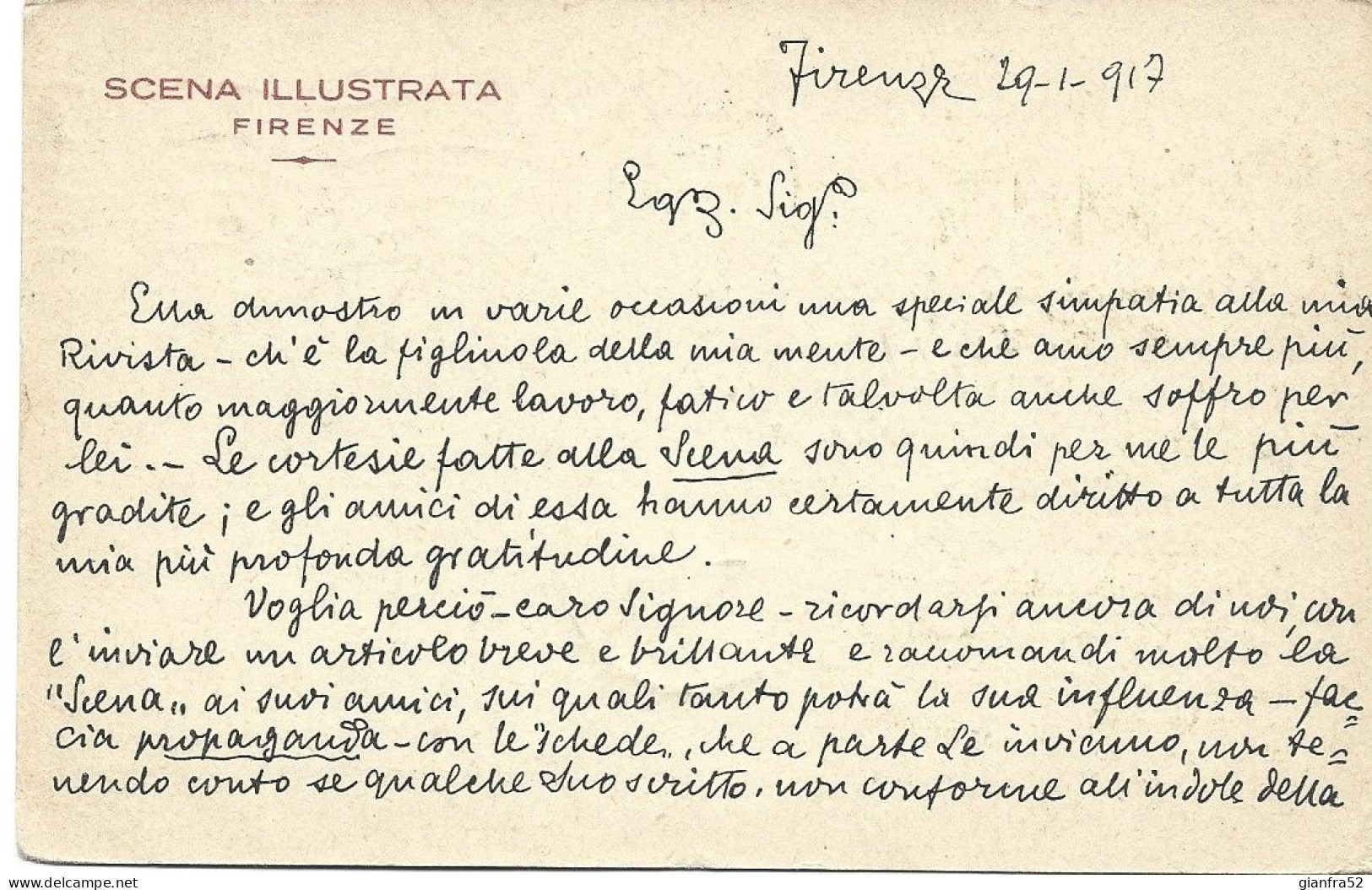 STORIA POSTALE 29/1/1917 CARTOLINA COMMERCIALE SCENA ILLUSTRATA CON 10 CENT LEONI N. 82 PERFIN - Reclame