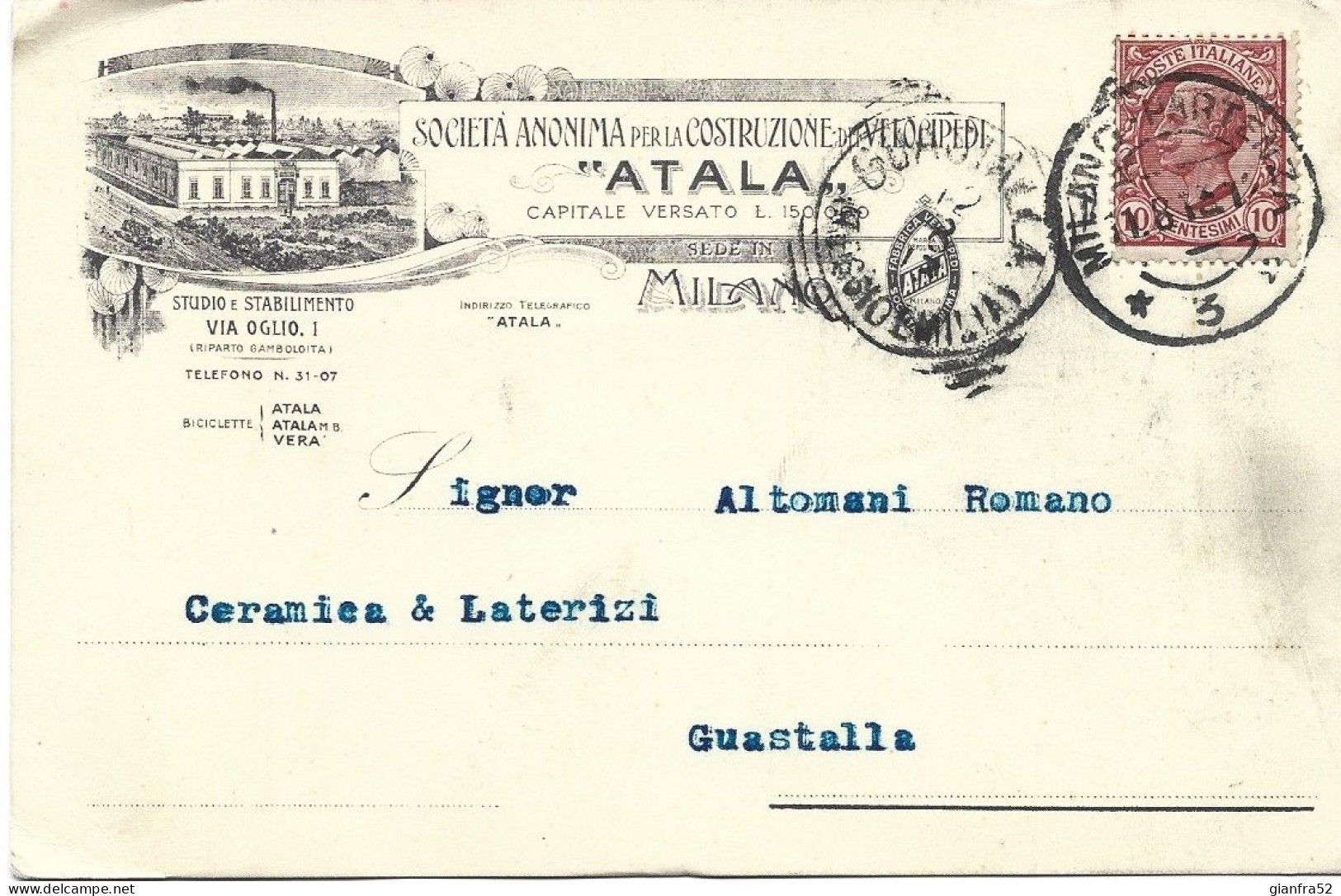 STORIA POSTALE 11/8/1913 CARTOLINA COMMERCIALE ATALA CON CENT. 10 LEONI N. 82 - Publicité