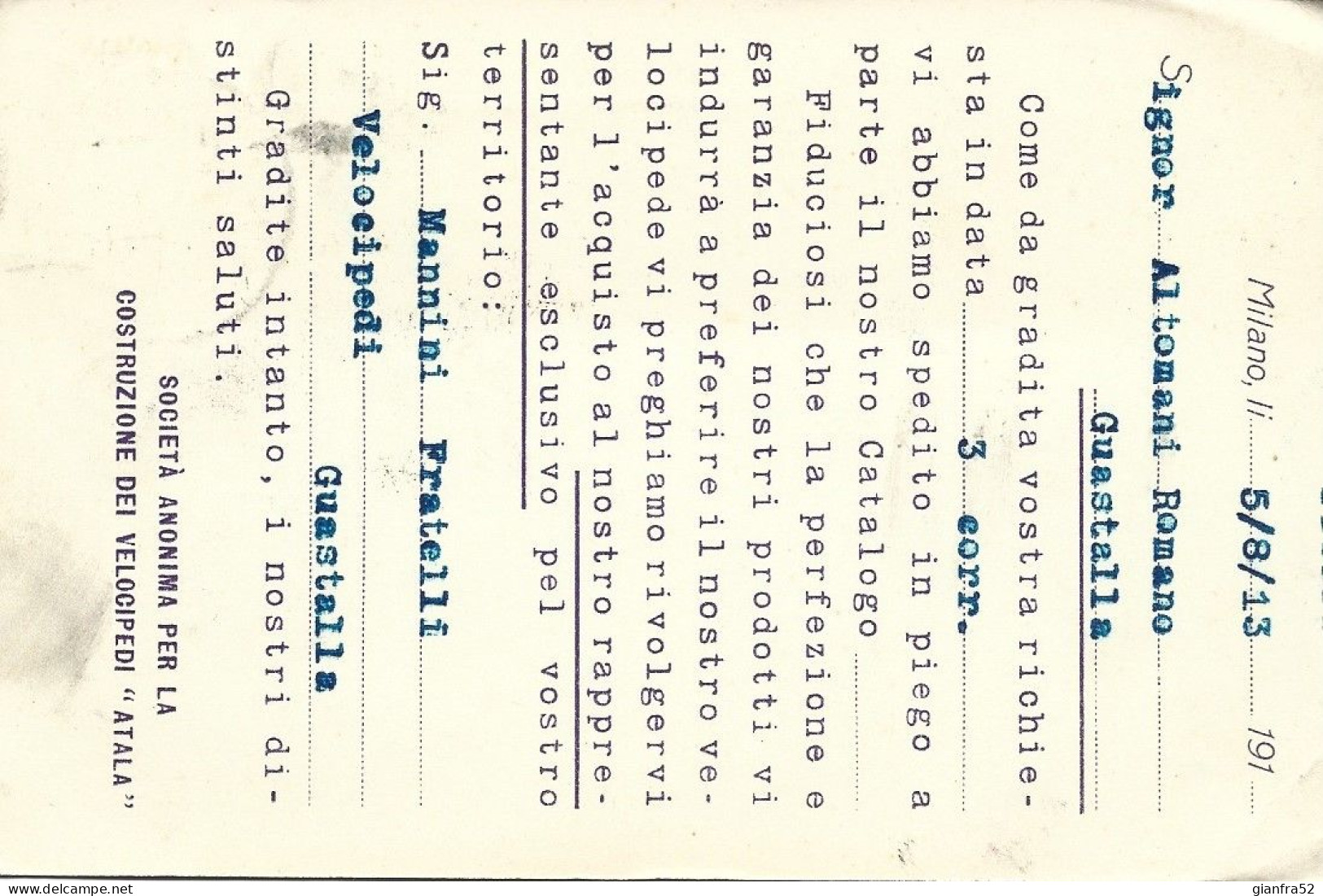 STORIA POSTALE 11/8/1913 CARTOLINA COMMERCIALE ATALA CON CENT. 10 LEONI N. 82 - Publicity