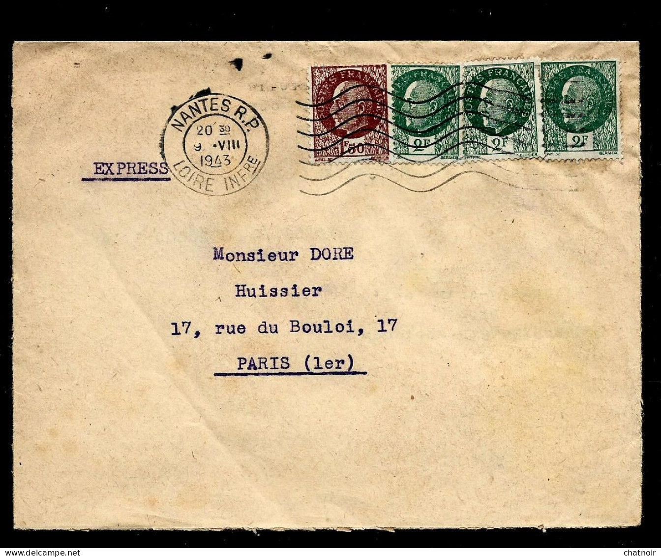 Envel  "express"   NANTES   1943  1,50f  Petain  Et 2 F Petain  X 3 - 1941-42 Pétain