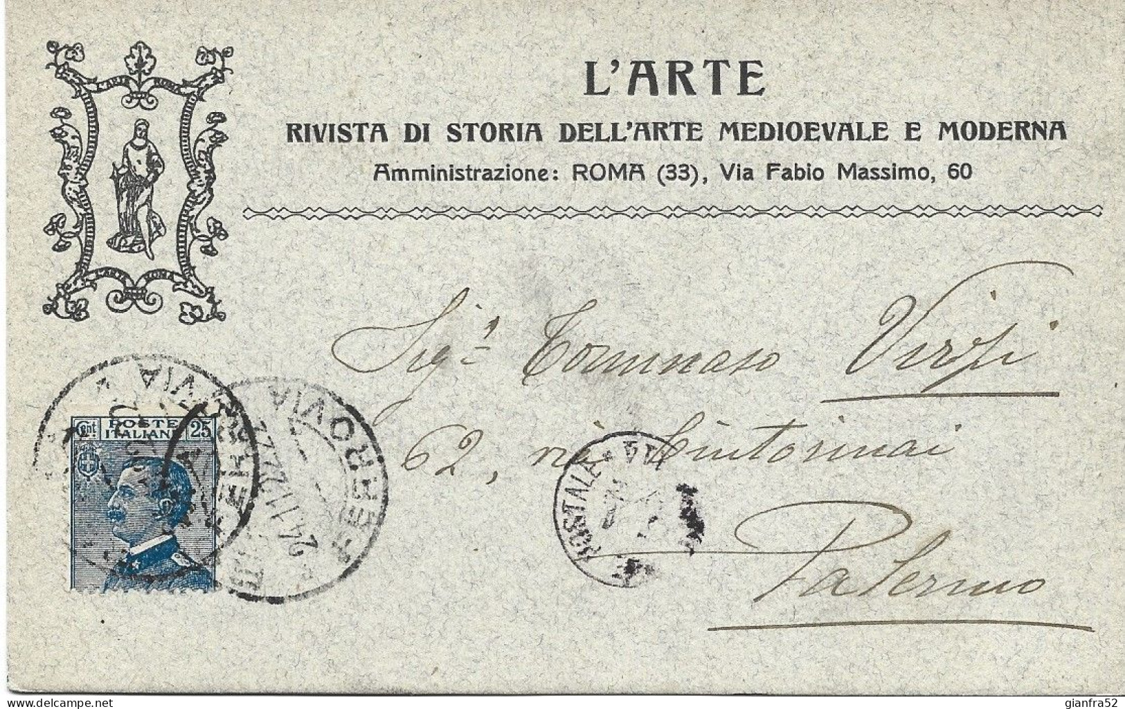 STORIA POSTALE CARTOLINA COMMERCIALE RIVISTA L'ARTE CON CENT. 25 MICHETTI ISOLATO N. 83 - Reclame