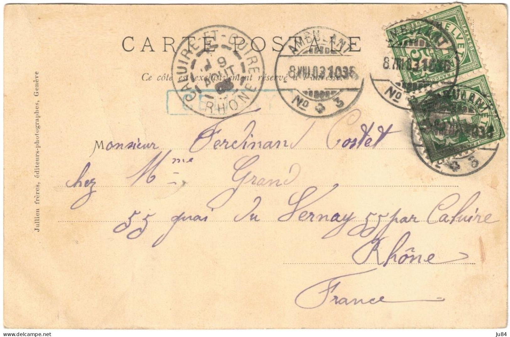 Suisse - Genève - Céligny - Vue De Céligny - Ambulant N°3 - Carte Postale Pour Caluire-et-Cuire (France) - 8 Août 1903 - Céligny