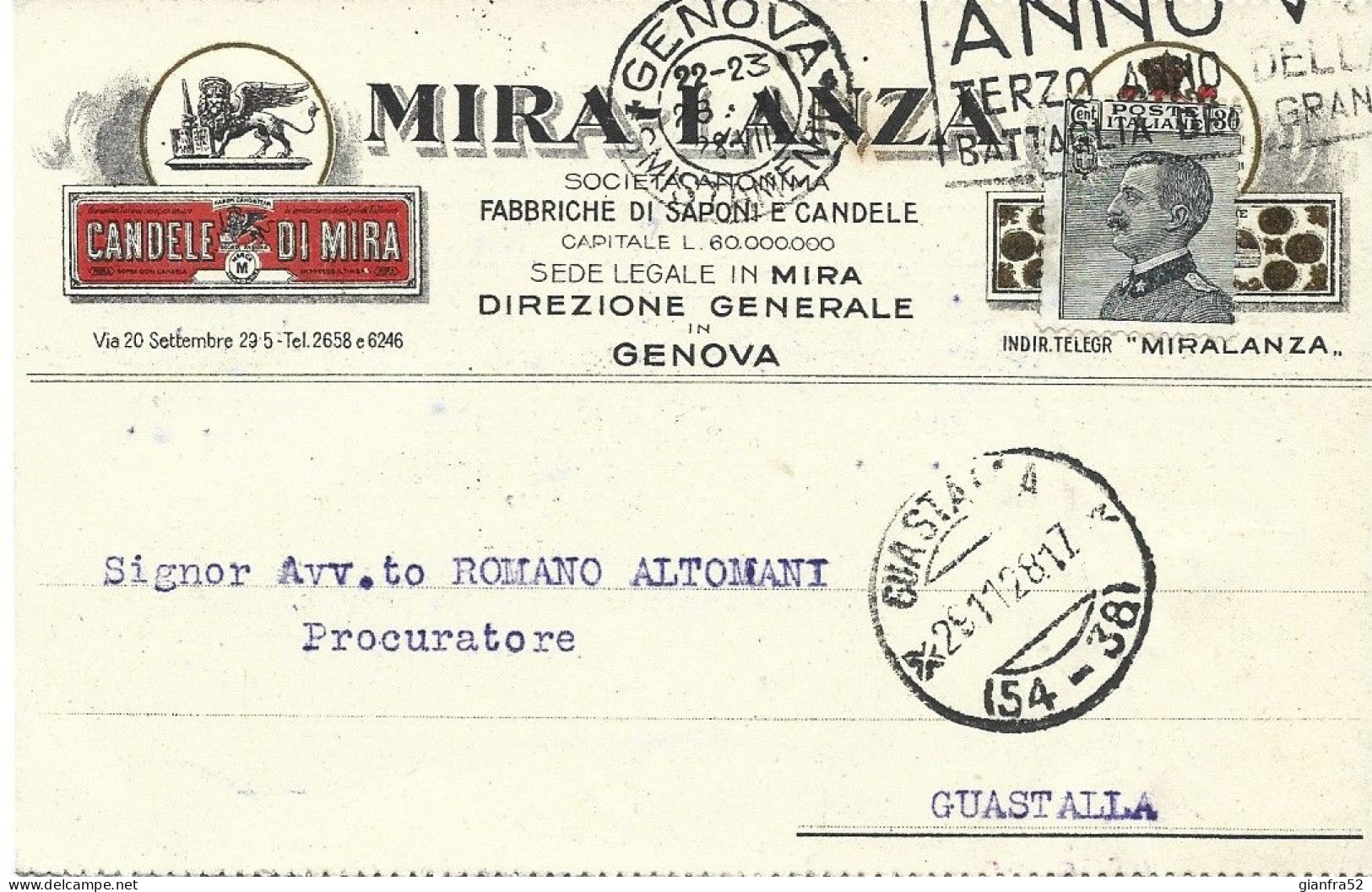 STORIA POSTALE 28/11/1928 CARTOLINA COMMERCIALE MIRA-LANZA CON CENT. 30 MICHETTI ISOLATO N. 185 - Reclame