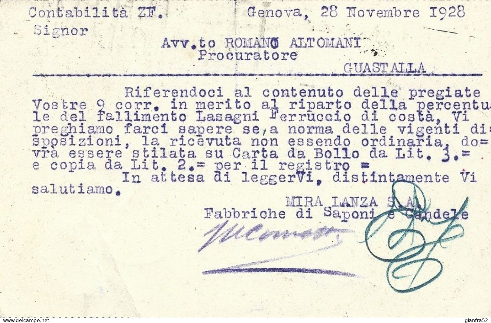 STORIA POSTALE 28/11/1928 CARTOLINA COMMERCIALE MIRA-LANZA CON CENT. 30 MICHETTI ISOLATO N. 185 - Reclame