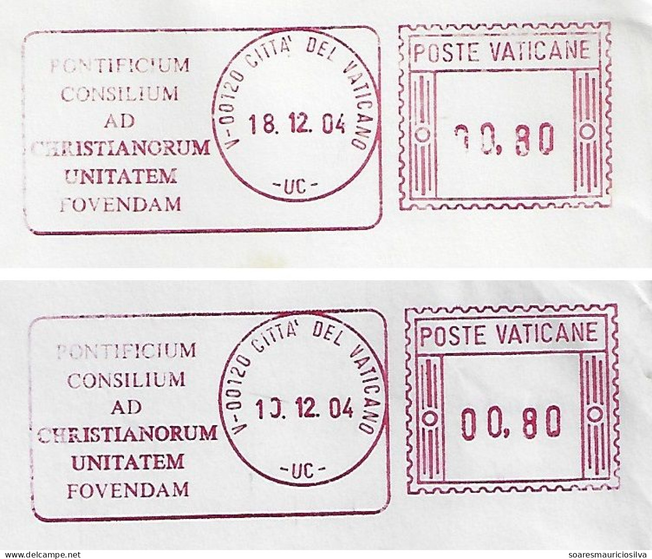 Vatican 2004 2 Cover Sent To Brasilia Brazil Meter Stamp Audion Slogan Pontifical Council To Foster Christian Unity - Covers & Documents