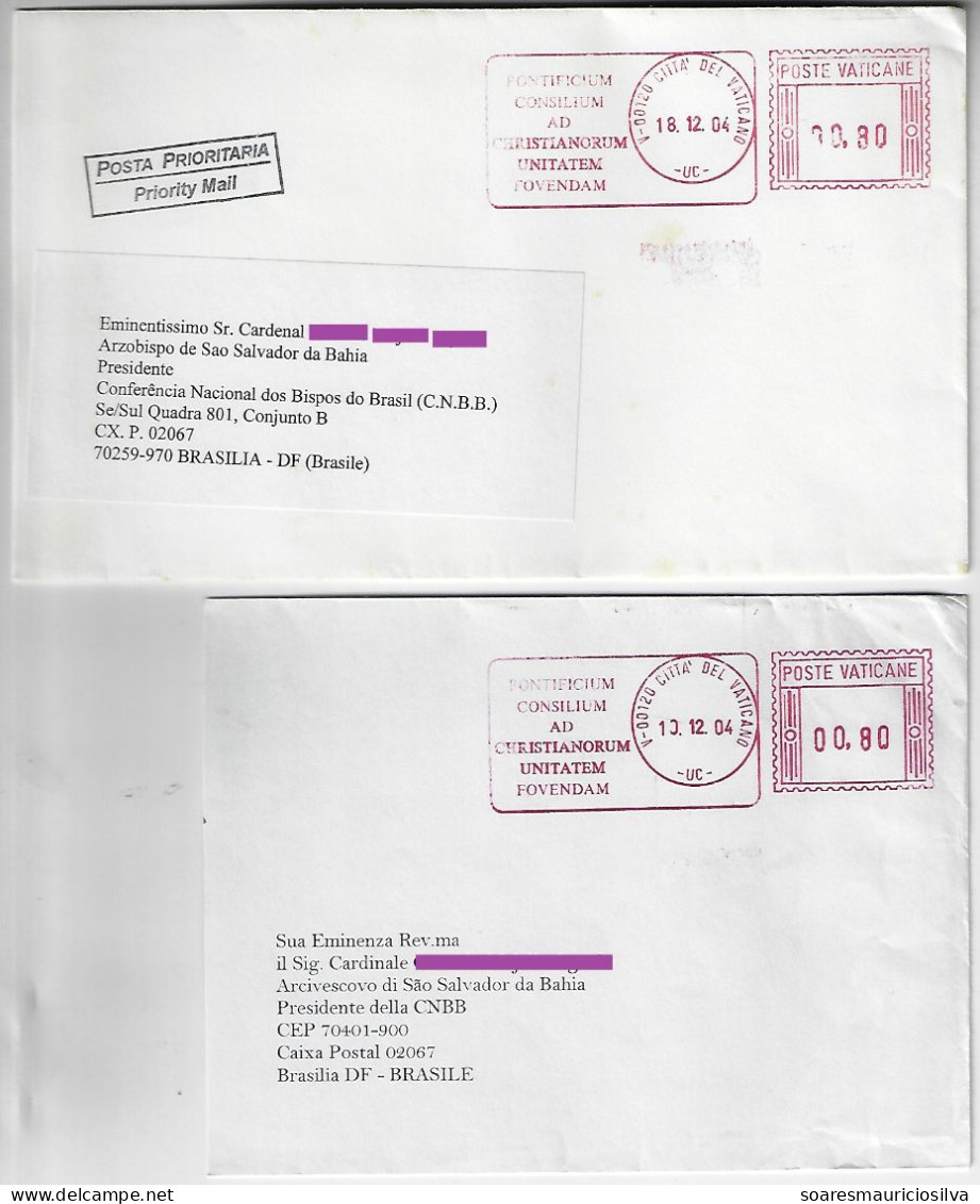Vatican 2004 2 Cover Sent To Brasilia Brazil Meter Stamp Audion Slogan Pontifical Council To Foster Christian Unity - Brieven En Documenten