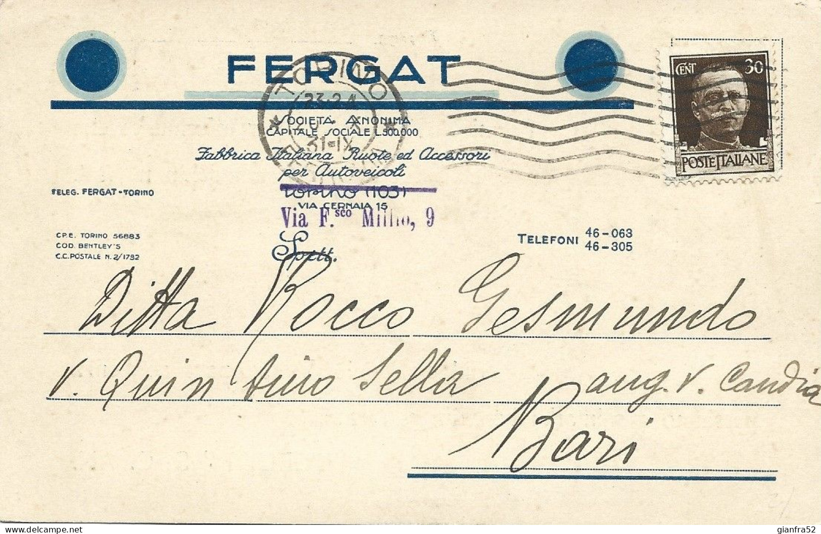 STORIA POSTALE 20/10/1931 CARTOLINA COMMERCIALE FERGAT CON CENT. 30 IMPERIALE ISOLATO N. 249 - Publicité