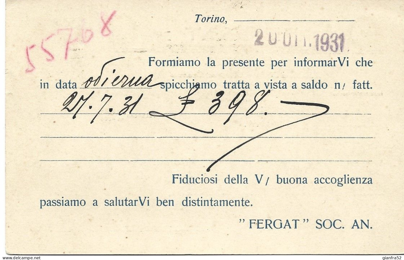 STORIA POSTALE 20/10/1931 CARTOLINA COMMERCIALE FERGAT CON CENT. 30 IMPERIALE ISOLATO N. 249 - Reclame