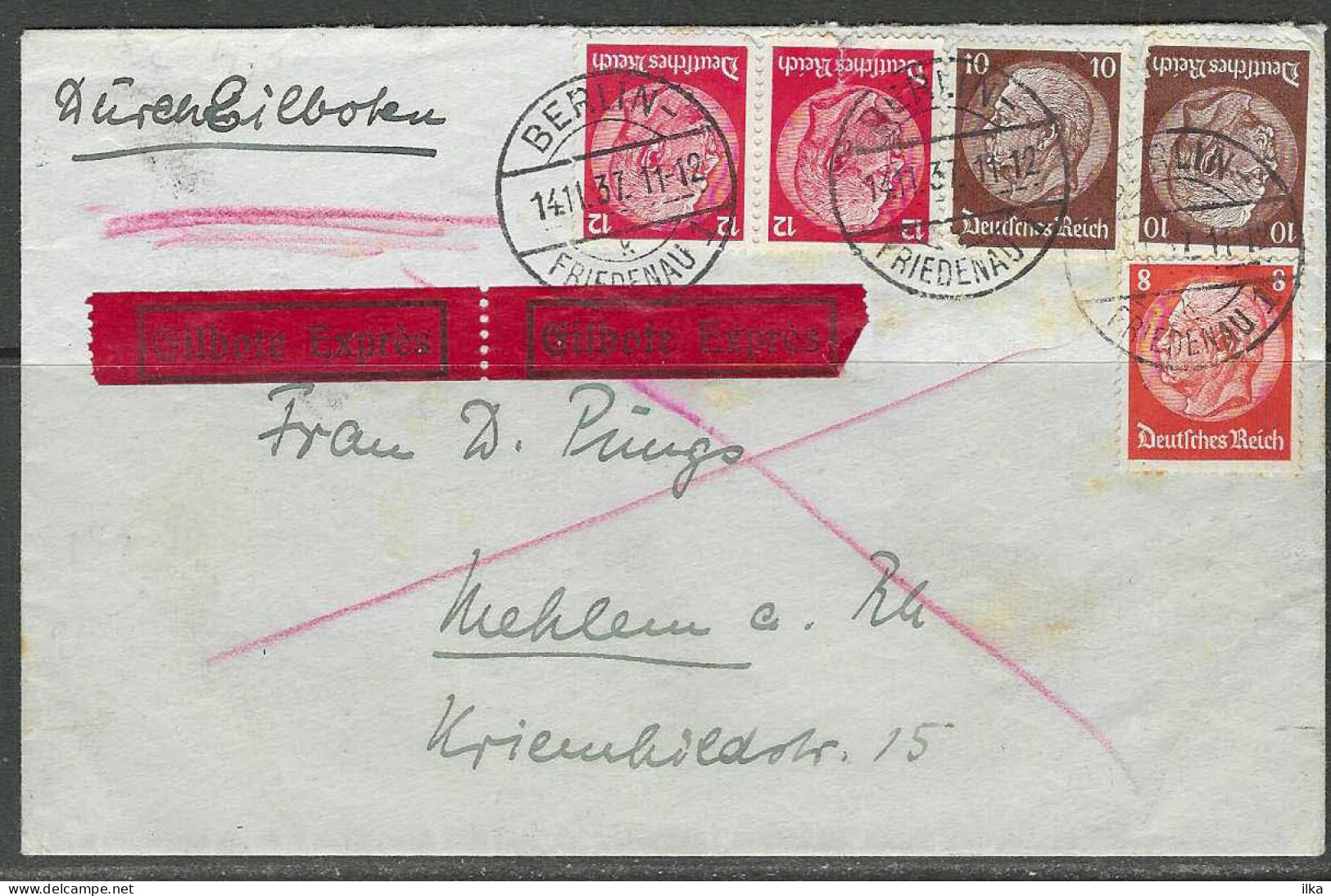 Cover - Eilbote Exprès - Afg./Obl. Berlin-Friedenau 1 - YT N°446 2x N°447 2x N°449 - 14/11/1937 >> Mehlem Am Rhein - Briefe