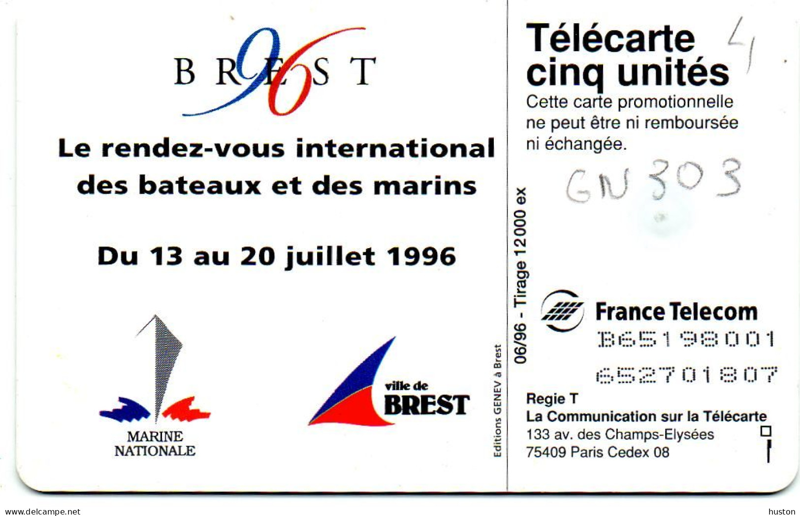 TELECARTE BREST - 5 Unités - REF GN303  - Flèche Bleue - 5 Eenheden