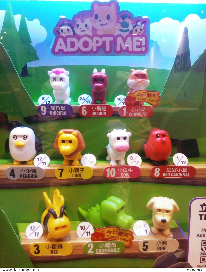 McDonald's 2023 ADOPT ME 10 Toy: Bee Penguin Chipmunk Crocodile Dragon Dog Lion Cow Unicorn RedCard - Autres & Non Classés