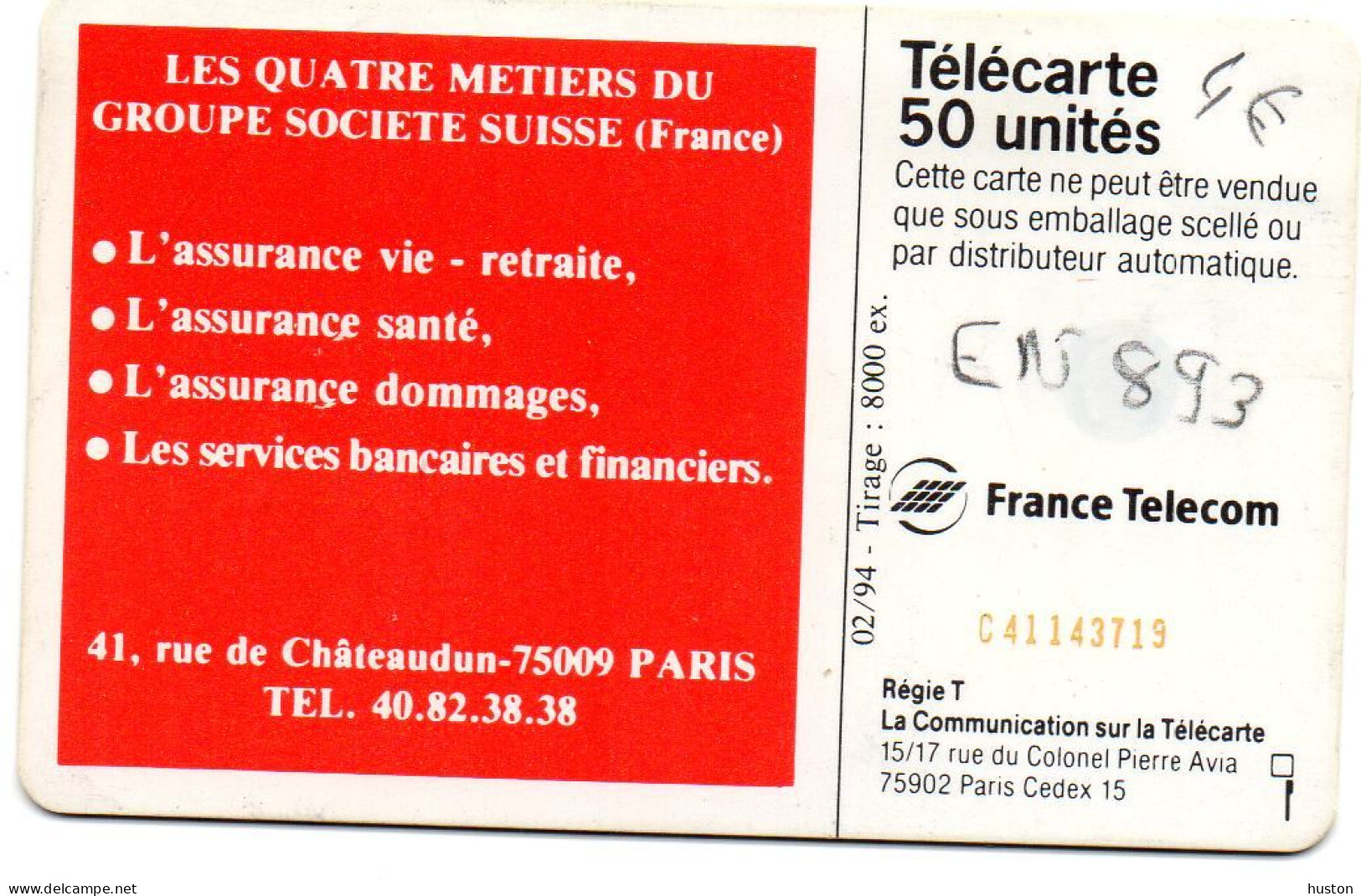 TELECARTE LES ASSURANCES SUISSES - 50 Unités - REF EN893 - 50 Unidades