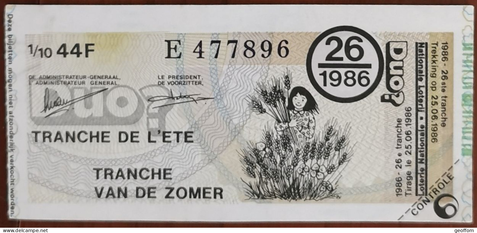 Billet De Loterie Nationale Belgique 1986 26e Tranche De L'Eté - 25-6-1986 - Billetes De Lotería