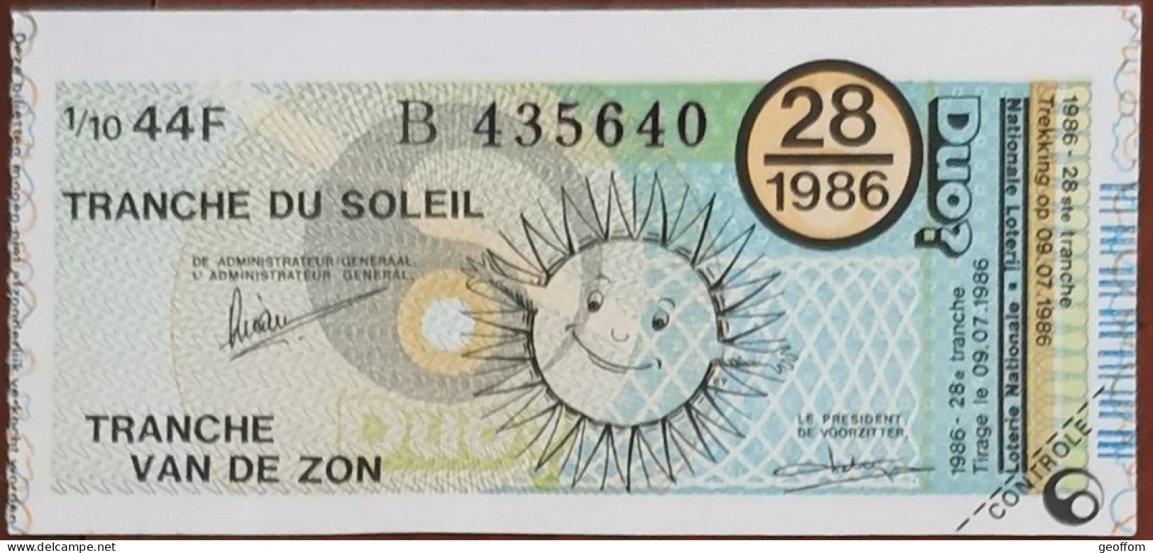 Billet De Loterie Nationale Belgique 1986 28e Tranche Du Soleil - 9-7-1986 - Biglietti Della Lotteria