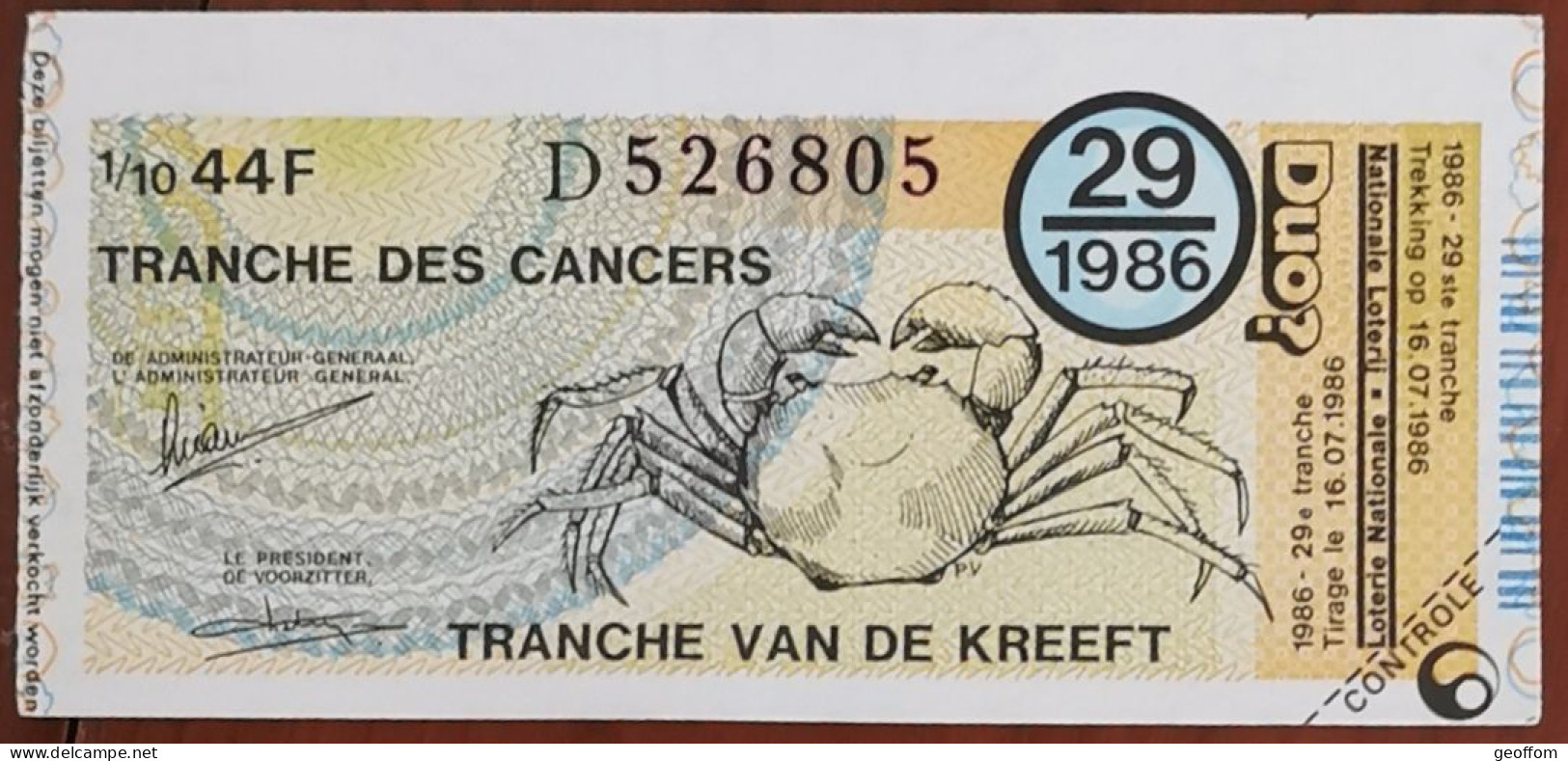 Billet De Loterie Nationale Belgique 1986 29e Tranche Des Cancers - 16-7-1986 - Biglietti Della Lotteria