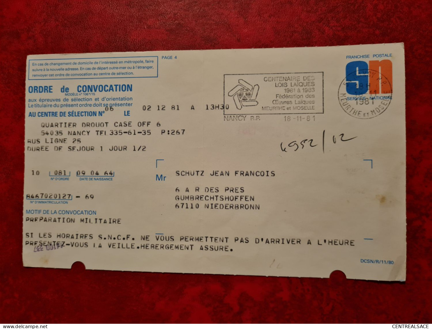 CARTE ORDRE DE CONVOCATION FLAMME NANCY RP CENTENAIRE DES LOIS LAIQUES 1981 SERVICE MILITAIRE - Other & Unclassified