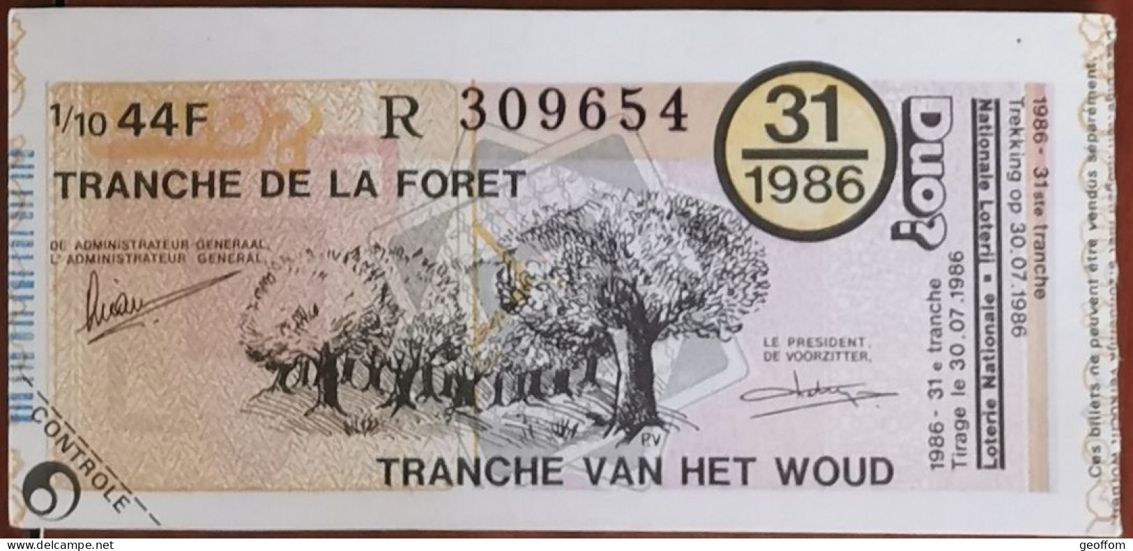 Billet De Loterie Nationale Belgique 1986 31e Tranche De La Forêt - 30-7-1986 - Biglietti Della Lotteria