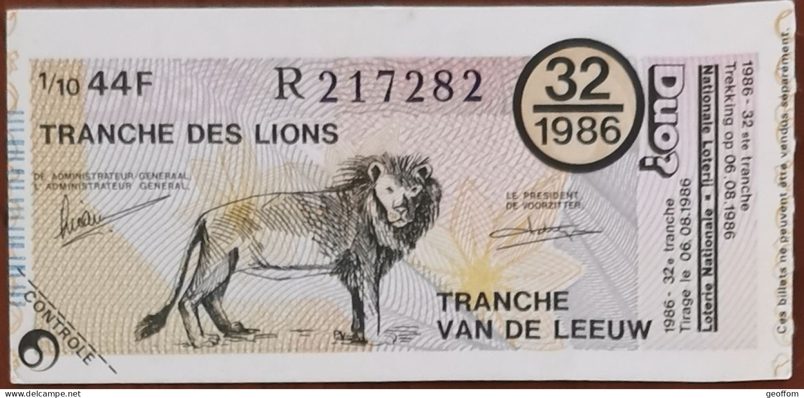 Billet De Loterie Nationale Belgique 1986 32e Tranche Des Lions - 6-8-1986 - Biglietti Della Lotteria