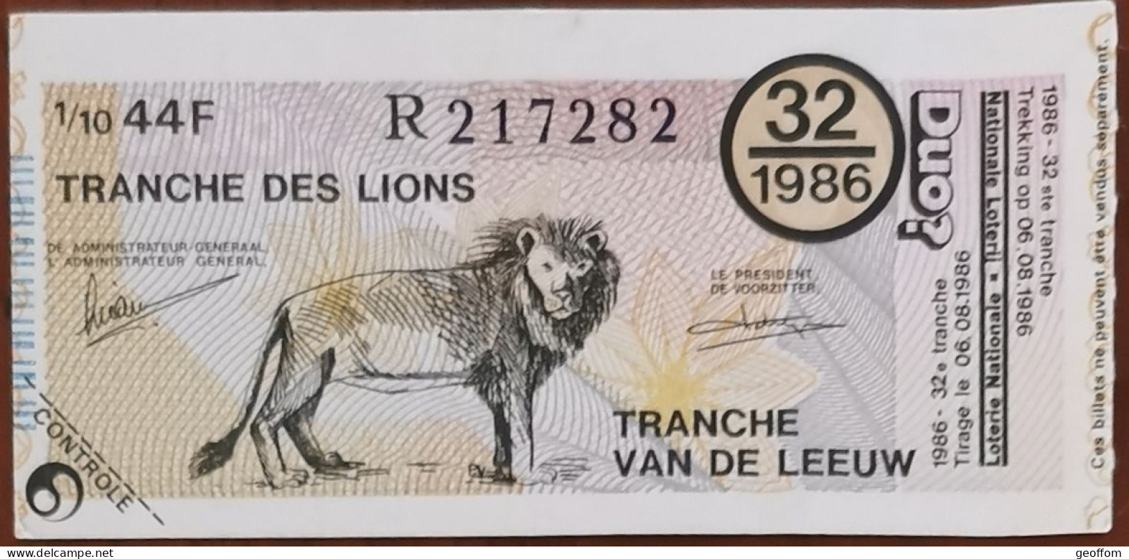 Billet De Loterie Nationale Belgique 1986 32e Tranche Des Lions - 6-8-1986 - Billetes De Lotería