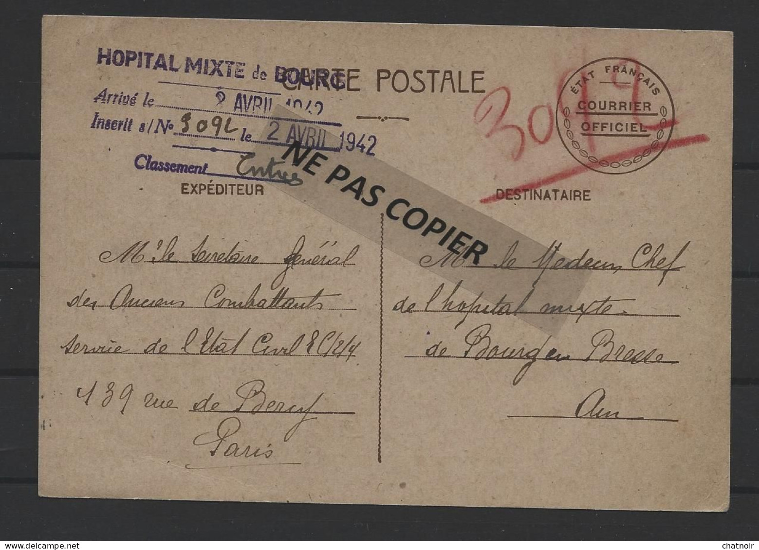 CP   ETAT FRANCAIS  COURRIER OFFICIEL  "hopital De Bourg En Bresse " 1942  Soldat Né à Remiremont  Vosges - 1939-45