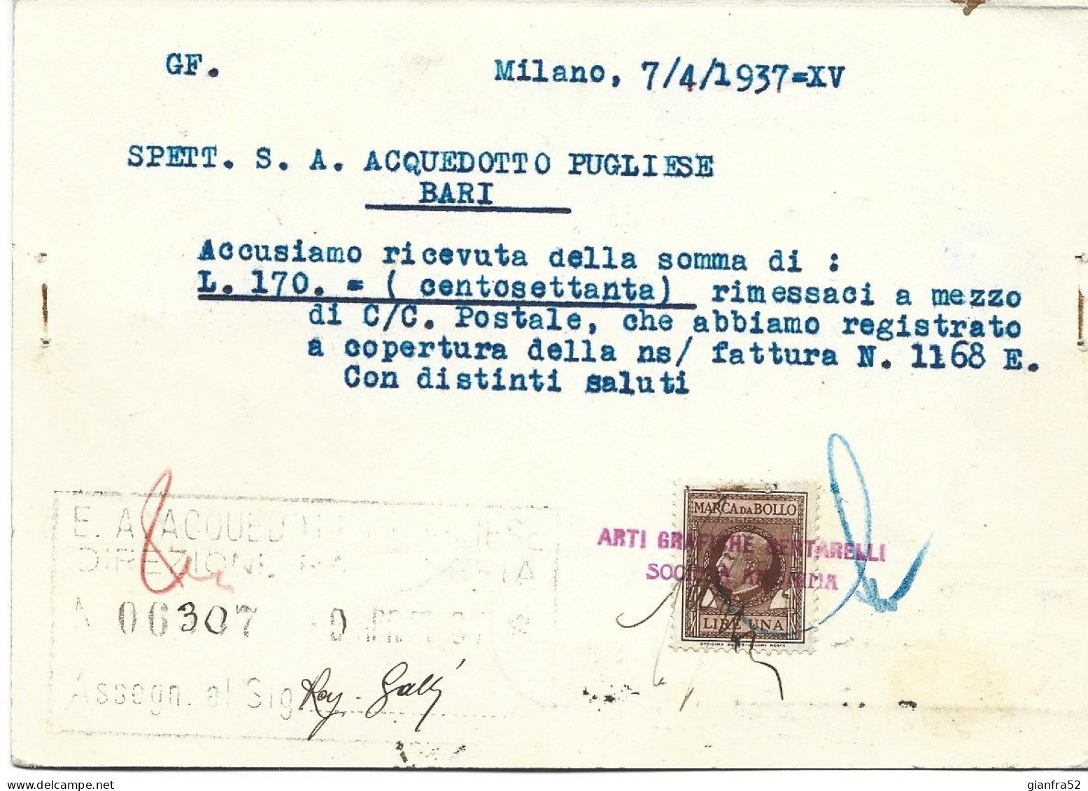 STORIA POSTALE 7/4/1937 CARTOLINA COMMERCIALE BERTARELLI CON CENT. 30 IMPERIALE ISOLATO N. 249 - Reklame