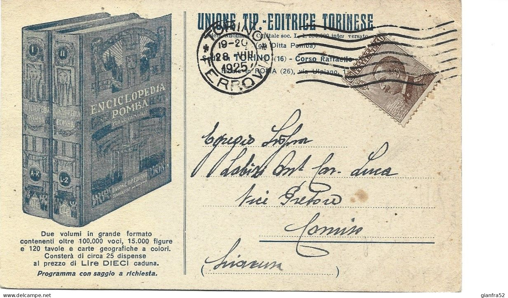 STORIA POSTALE 28/8/1925 CARTOLINA COMMERCIALE UNIONE TIP TORINSE CON CENT. 40 MICHETTI ISOLATO N. 84249 - Publicité