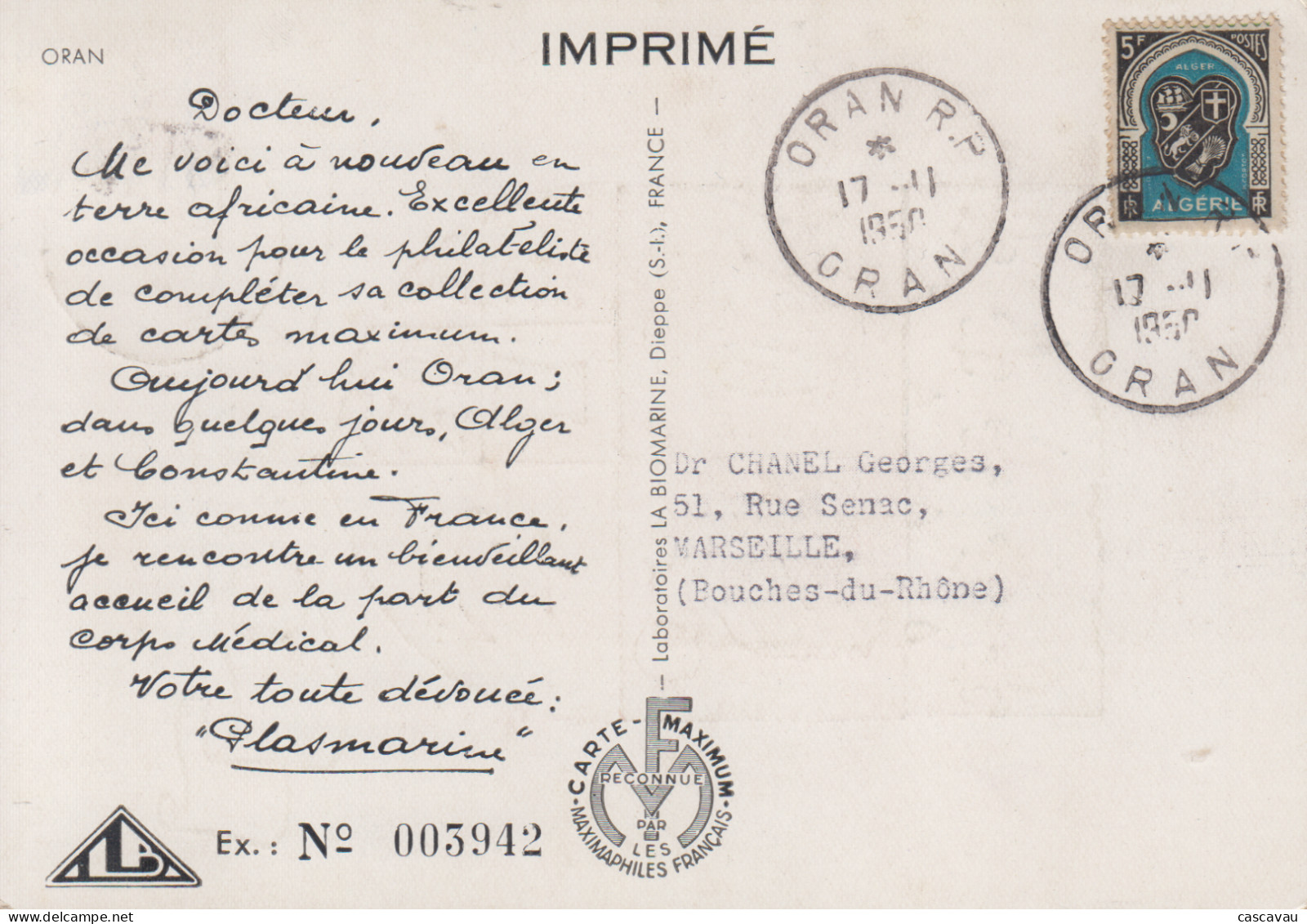 Carte  Maximum    ALGERIE   Armoiries   D' ORAN    Publicité  Laboratoires  BIOMARINE   1950 - Maximum Cards