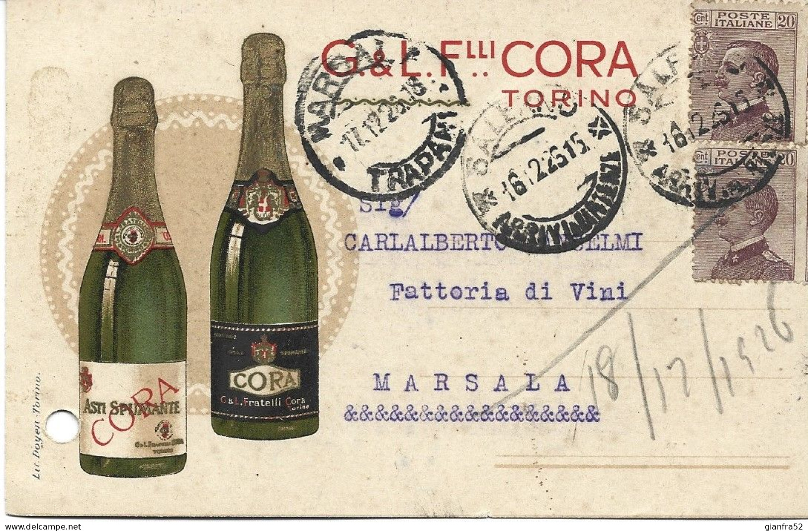 STORIA POSTALE 16/12/1926 CARTOLINA PUBBILITARIA "CORA" CENT. 40 CON COPPIA CENT. 20 MICHETTI N. 204 - Publicité