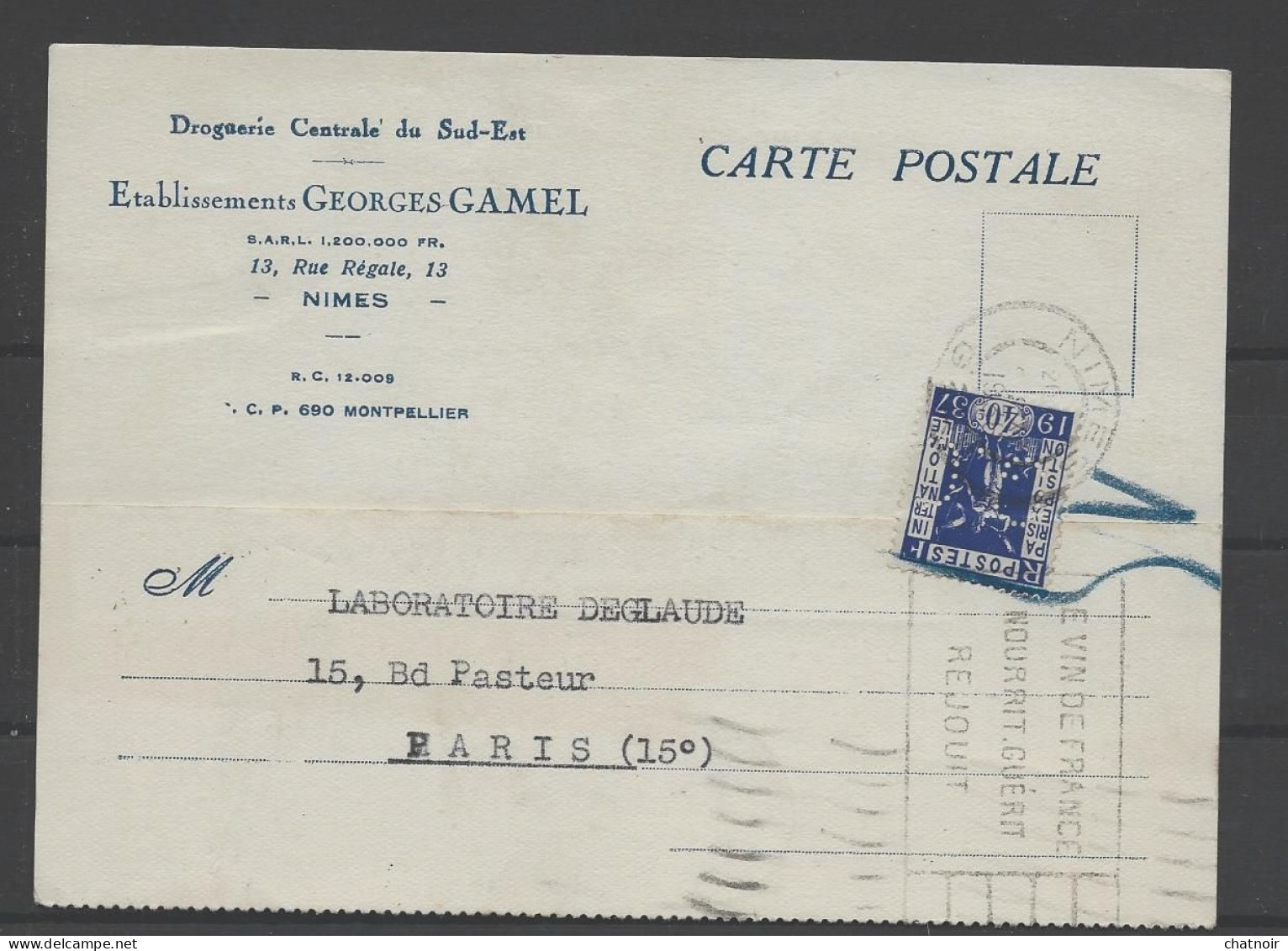 CP  Etablissement  Georges Gamel   40c Paris Internationale 1937 Perforé  GC Oblit  NIMES 1936 "le Vin De France".... - Storia Postale