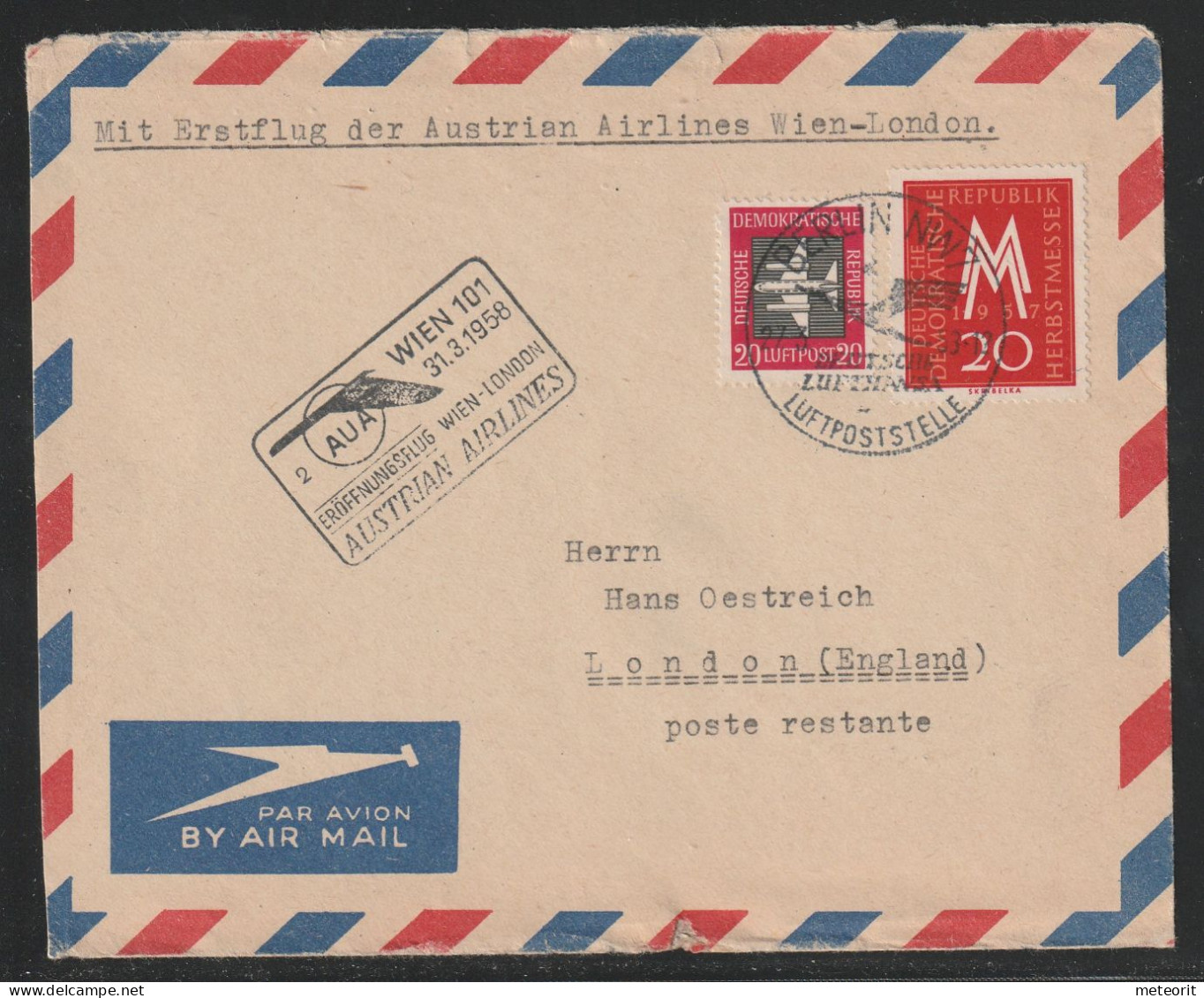 Zuleit-Luftpostbrief Mit MiNr. 596+610 Gestempelt BERLIN NW 7 27.3.58.-12 LUFTPOSTSTELLE , Erstflug Austrian Air - Airmail