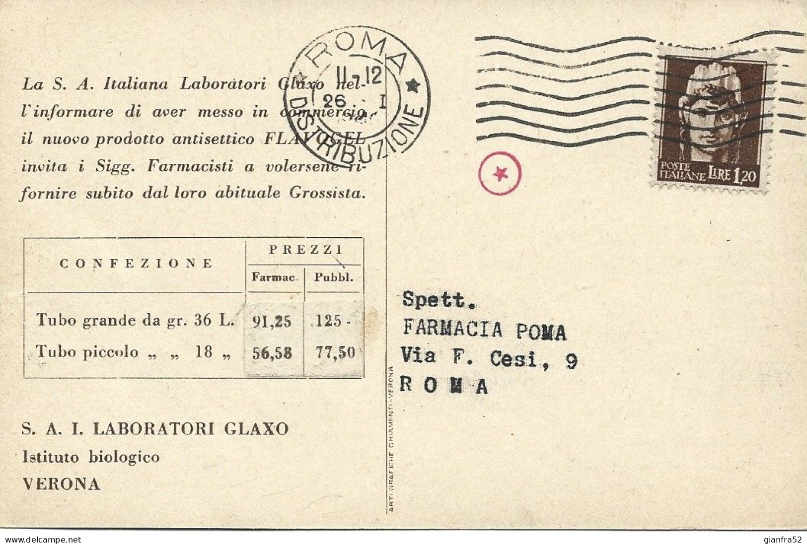 STORIA POSTALE 26/1/1946 CARTOLINA PUBBLICITARIA "FLAVOGEL" LIT 1,20 CON IMPERIEL TURRITA LIT 1,20ISOLATO N. 532 - Reclame