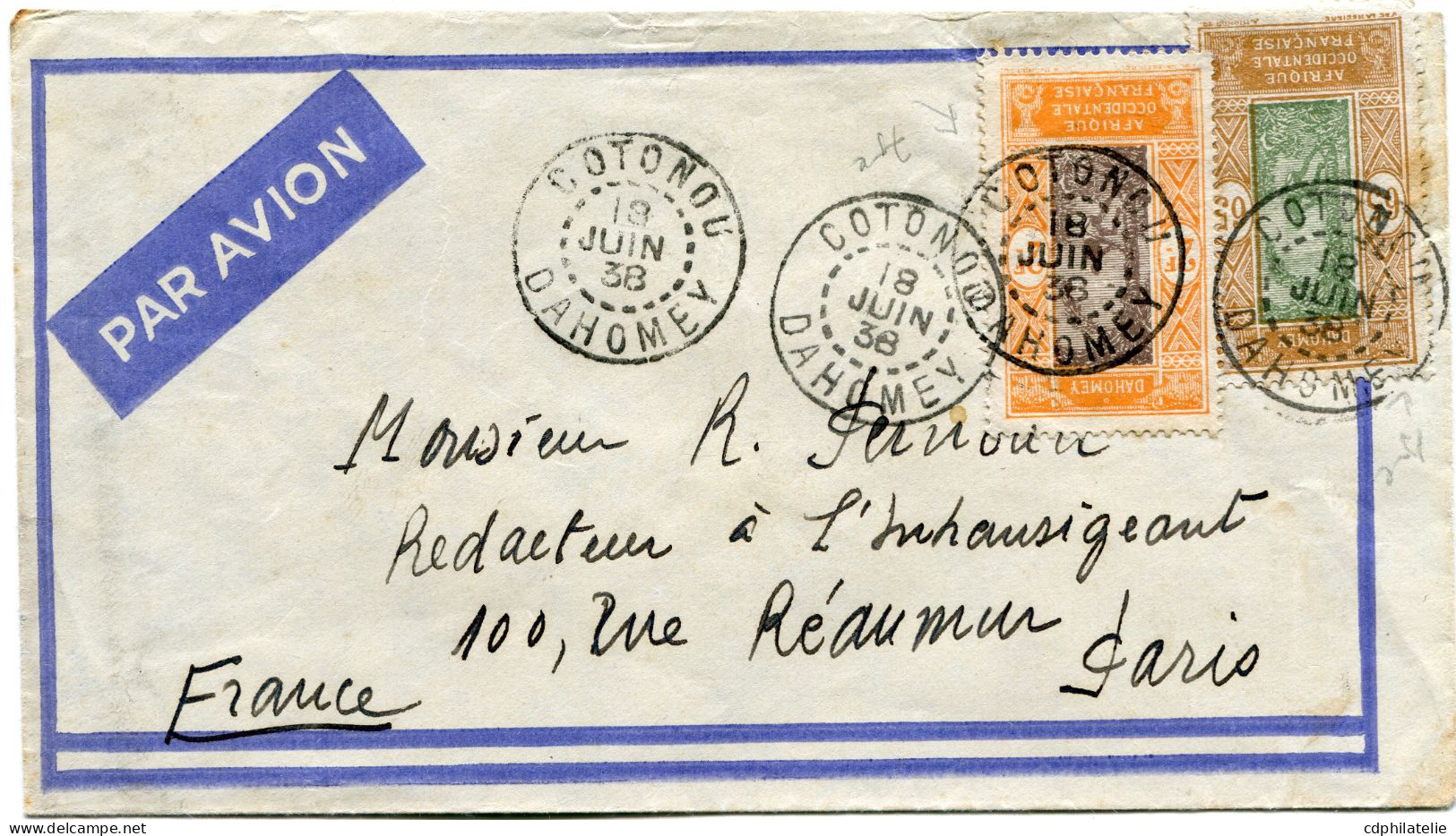 DAHOMEY LETTRE PAR AVION DEPART COTONOU 18 JUIN 38 DAHOMEY POUR LA FRANCE - Lettres & Documents